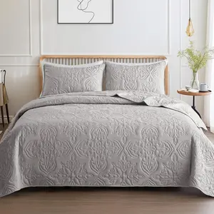 Flotilla Soft California King Bedding Set for All, Vintage Damask Ultrasonic Set, Lightweight Reversible Bedspread, Coverlet, Bed Cover with 2 Pillow Shams, Lightgrey