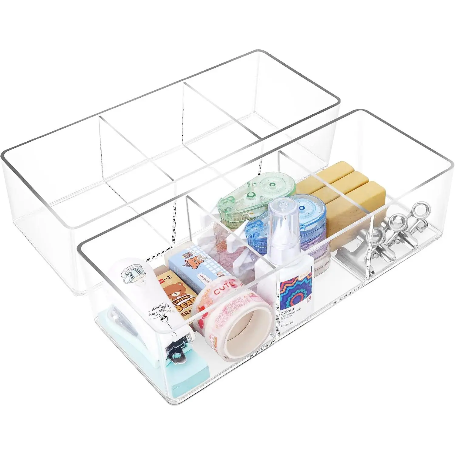 Stackable Clear Drawer Organizers Small Makeup  Storage Bins Trays and Office Desk Drawer Dividers Triple Compartments 2 Pack