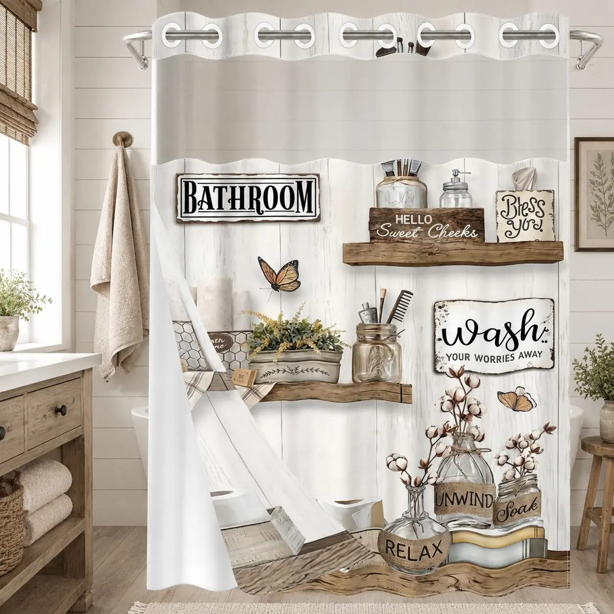 Hookless Double-Layer Shower Curtain, Shower Curtain No Hooks, Rustic Farmhouse Butterfly Print Curtain with Removable Snap-In Liner and Sheer Top Window, Water-Repellent Washable Fabric, Ideal for Rental Apartment Bathtubs & Showers