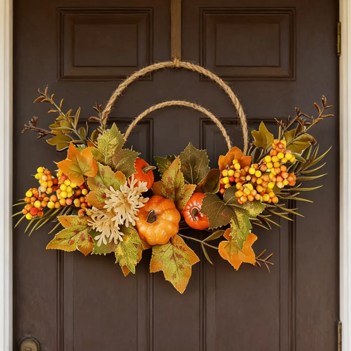 Thanksgiving Artificial Wreath, Pumpkin Maple Berry Design, Fall Home Decor, Rope Circle Fabric Wreath, Sun Resistant, Easy Installation