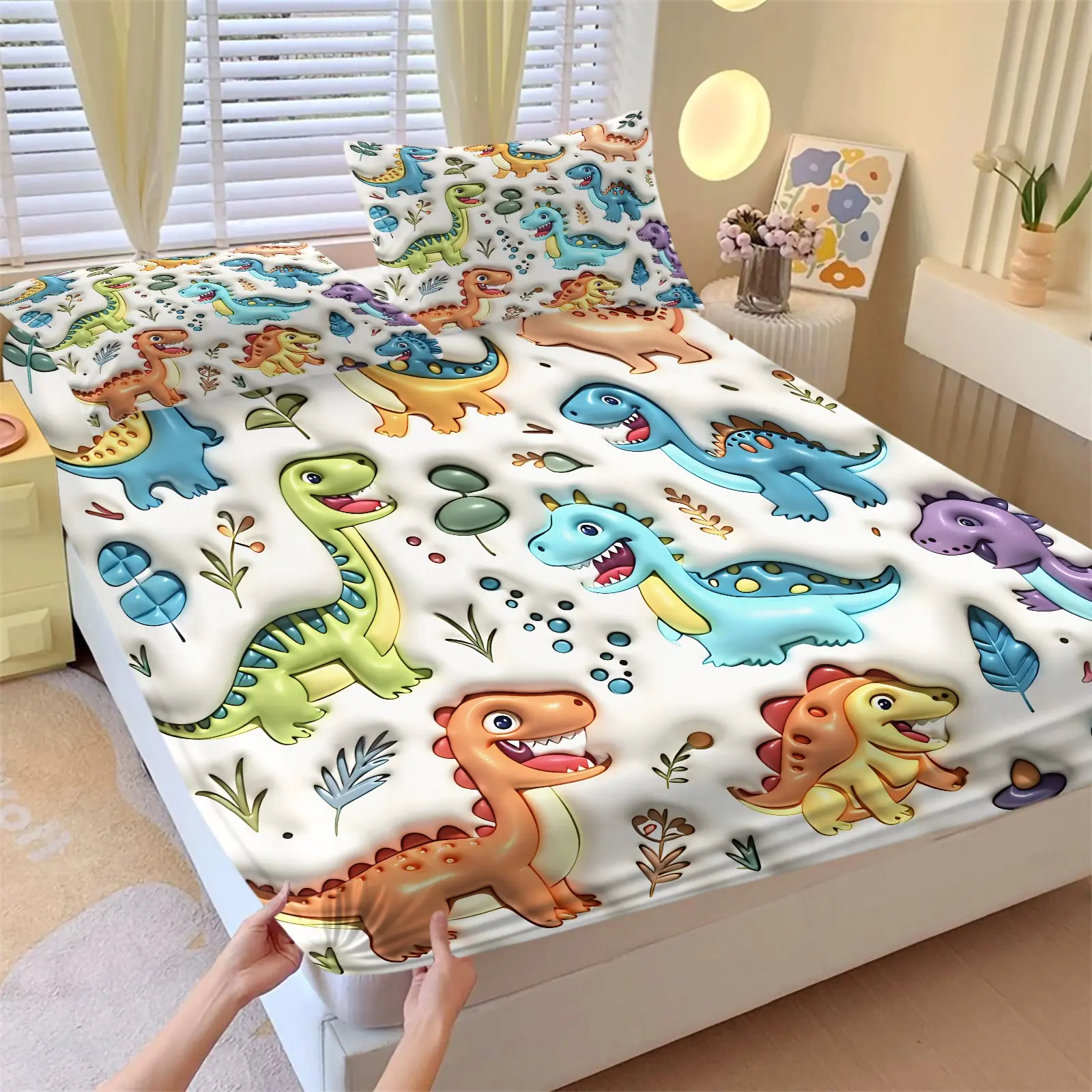 3PCS White Base 3D Cartoon Dinosaur Fitted Sheet Set (1 Fitted Sheet + 2 Pillowcases),Soft Breathable Fabric,Deep Pocket Anti-Slip Design,HD Digital Printing,Cute Dino All Season Bedding,Kids Jurassic Bedroom Vibes,Cute Sheets
