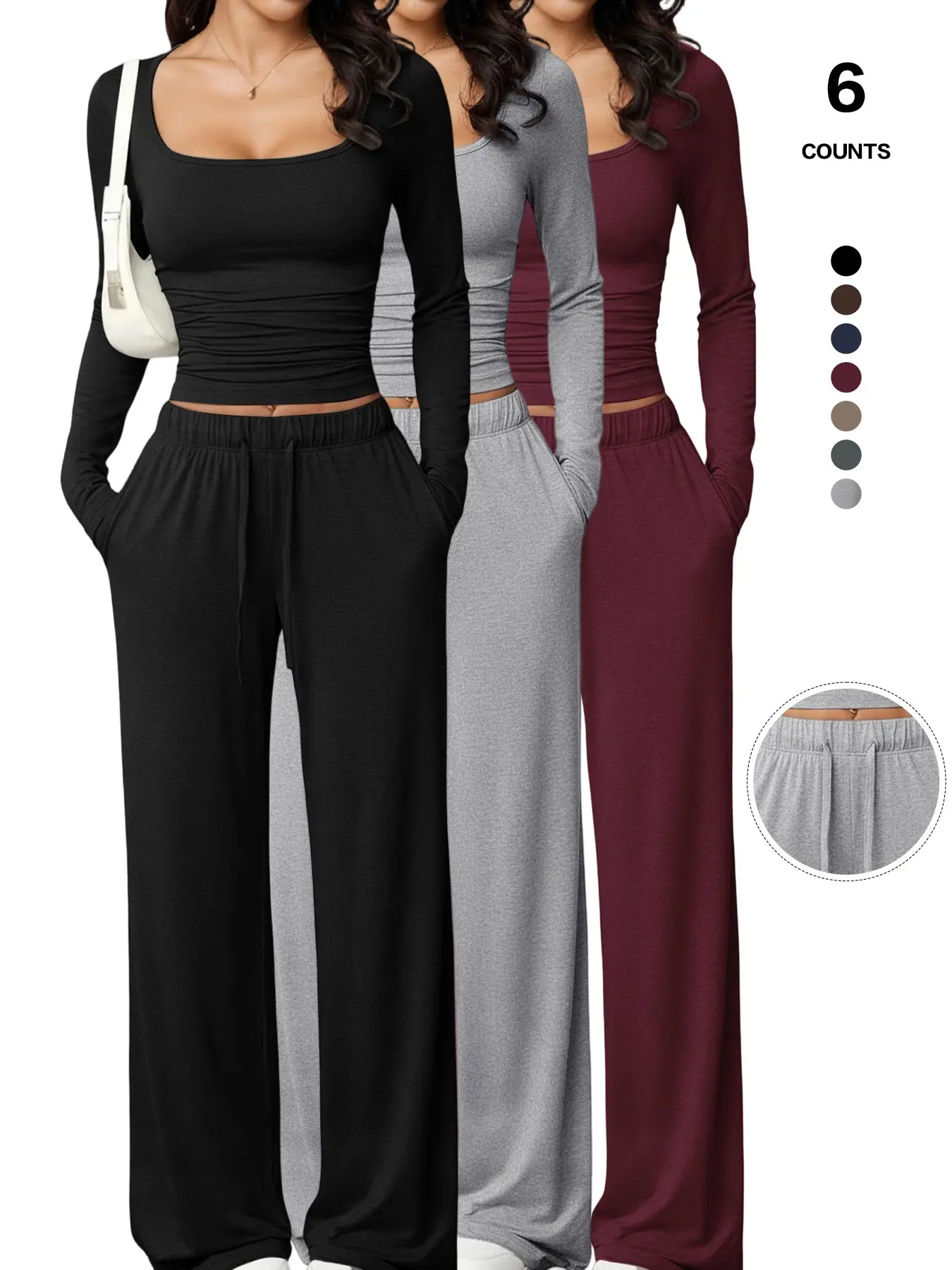 Wrinkle-Resistant 2-Piece Pant Set, Square Neck Ruched Crop Top, Wide Leg High Waist Sweatpants, Height-Boosting Design, Fall Casual Style, Viral OOTD