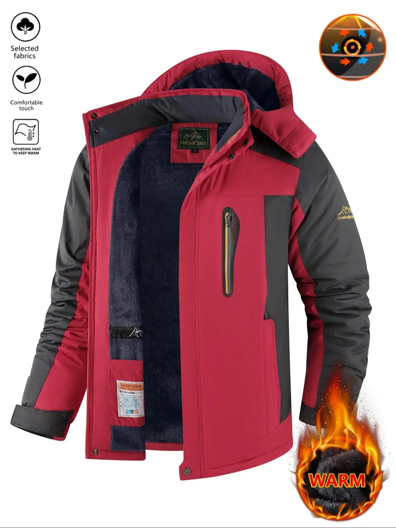 Men's winter soft shell hooded ski jacket, with fleece insulation inside, windproof and waterproof outer layer, multiple pockets and printed design, fashionable contrasting coat, suitable for cold winter wear