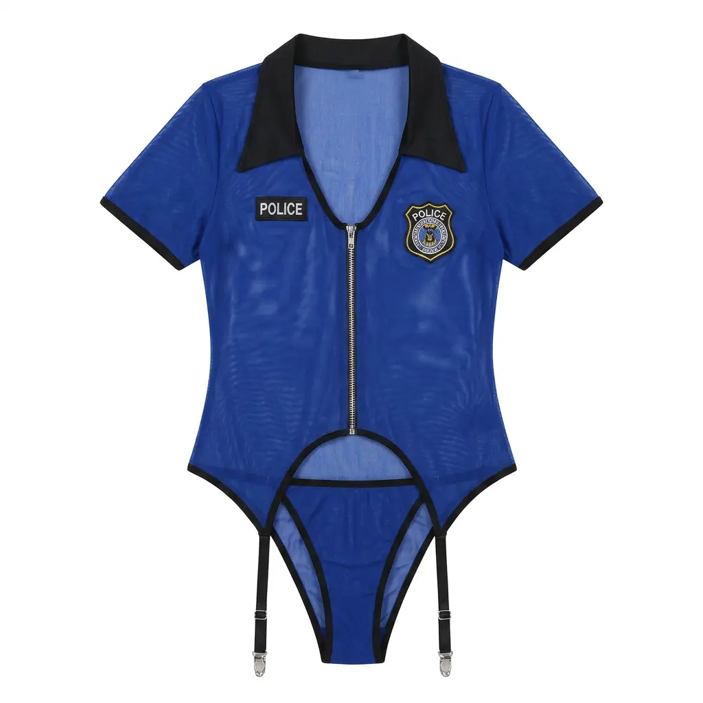 Police Inspired Mesh Costume Bodysuit, Front Zip Garter Lingerie Set Halloween Theme Party Outfit
