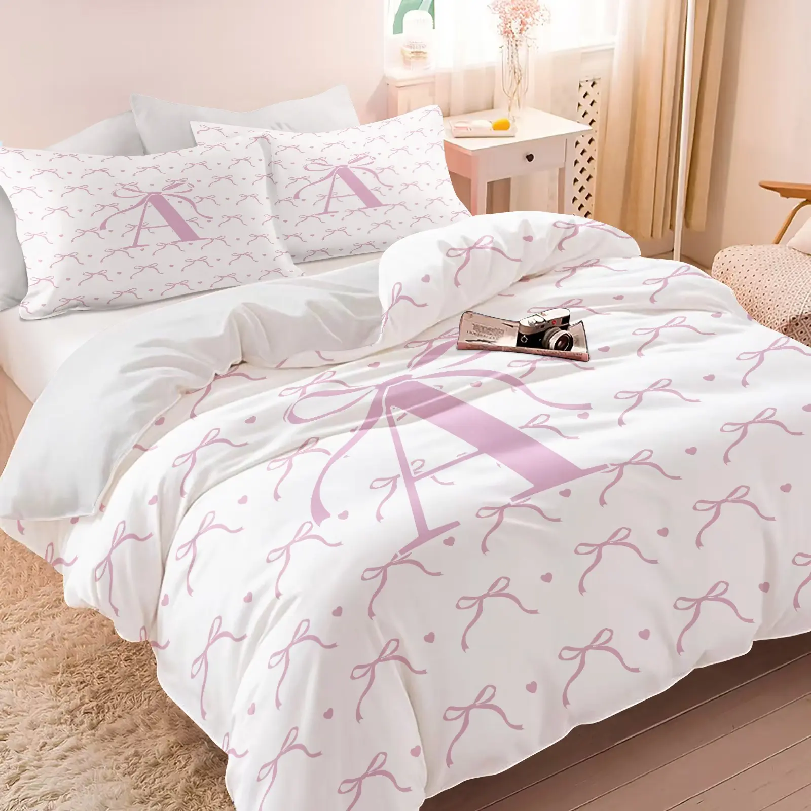2/3Pcs Pink Bow Letter A-Z Print Duvet Cover Set, No Filler, Dreamy Princess Girly Bedding Set, Heart Ribbon Pattern Comforter Cover with Pillowcases, Ideal for Kids Girls, Teens’ Dorm & Cozy Bedroom Decor, Bed Sets Supplies