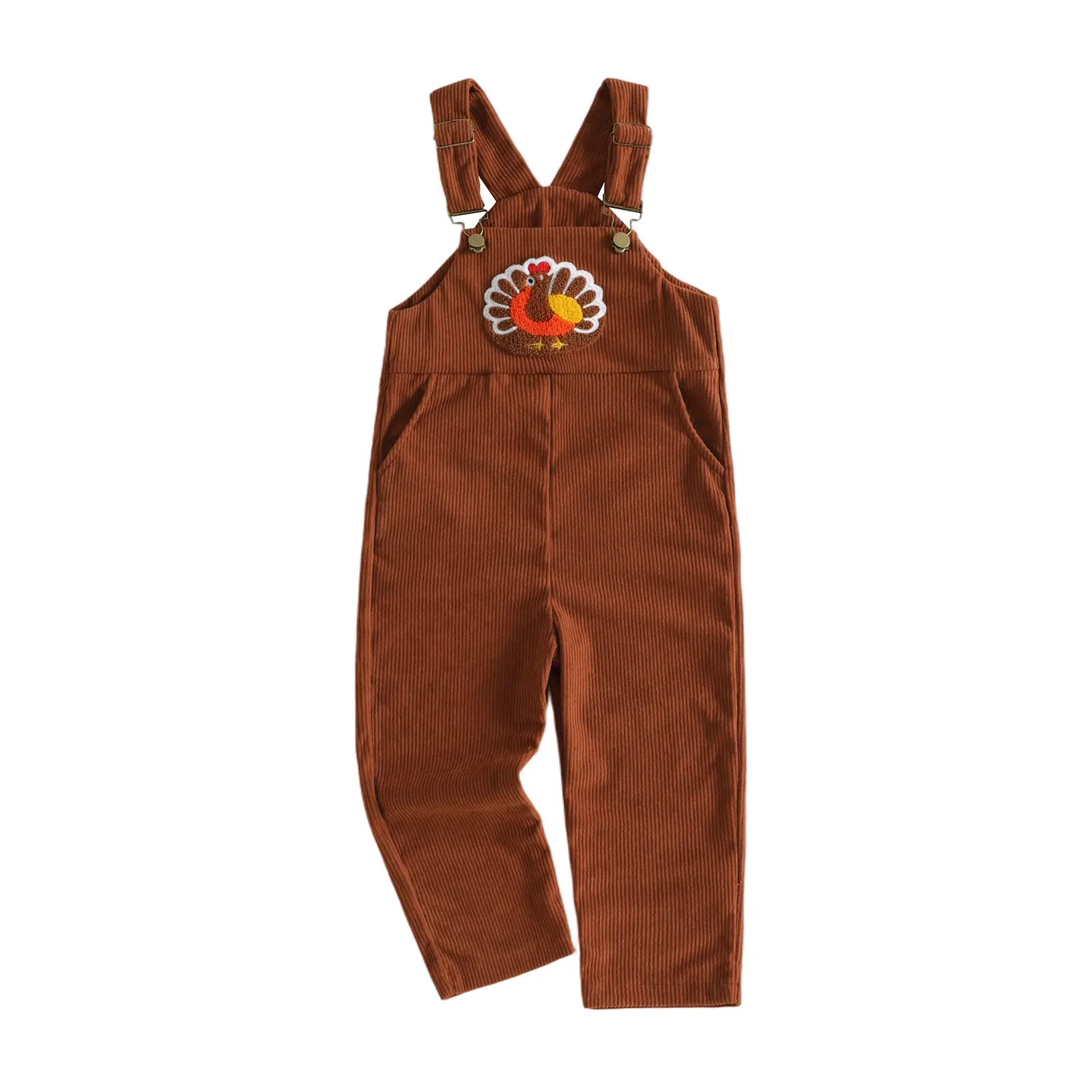 Toddler Baby Little Boy Thanksgiving Jumpsuit Turkey Embroidery Sleeveless Overalls Fall Winter 1-5 Years