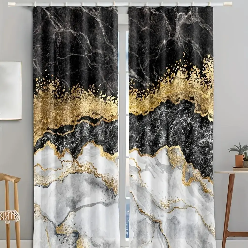 Black White Marble Gold Foil Printed Window Curtains 2 Panels, Abstract Ink Texture Washable Polyester Rod Pocket Drapes