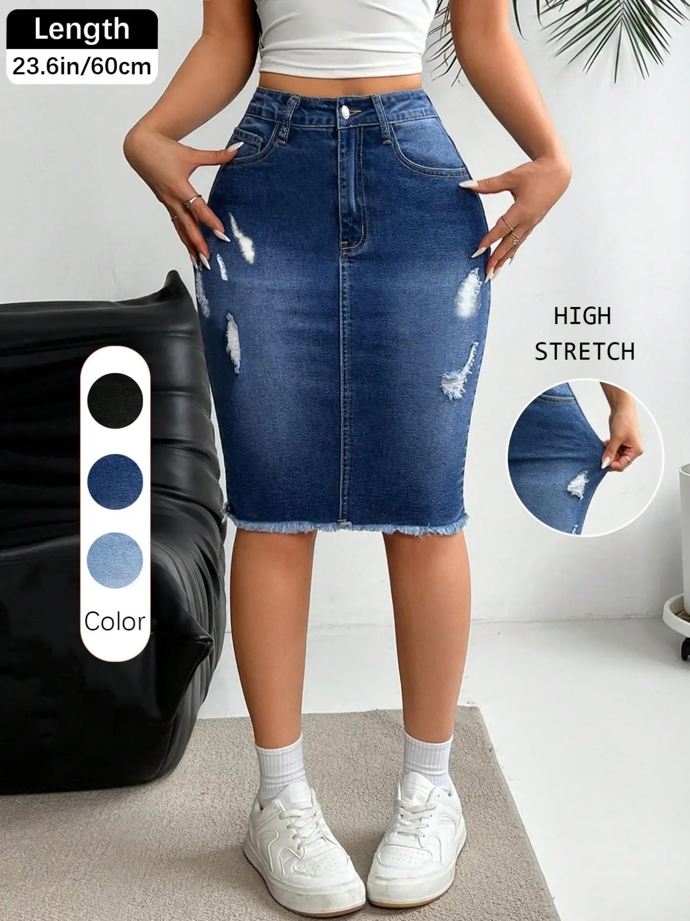 Women's Slim-Fit Ripped Denim Skirt, High-Waisted Knee-Length, Casual Button Closure, All-Season Fashion, Multiple Colors Available, Hip Hugging Skirt