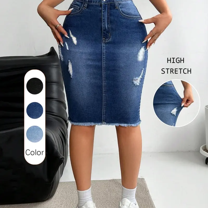 Women's Slim-Fit Ripped Denim Skirt, High-Waisted Knee-Length, Casual Button Closure, All-Season Fashion, Multiple Colors Available, Hip Hugging Skirt
