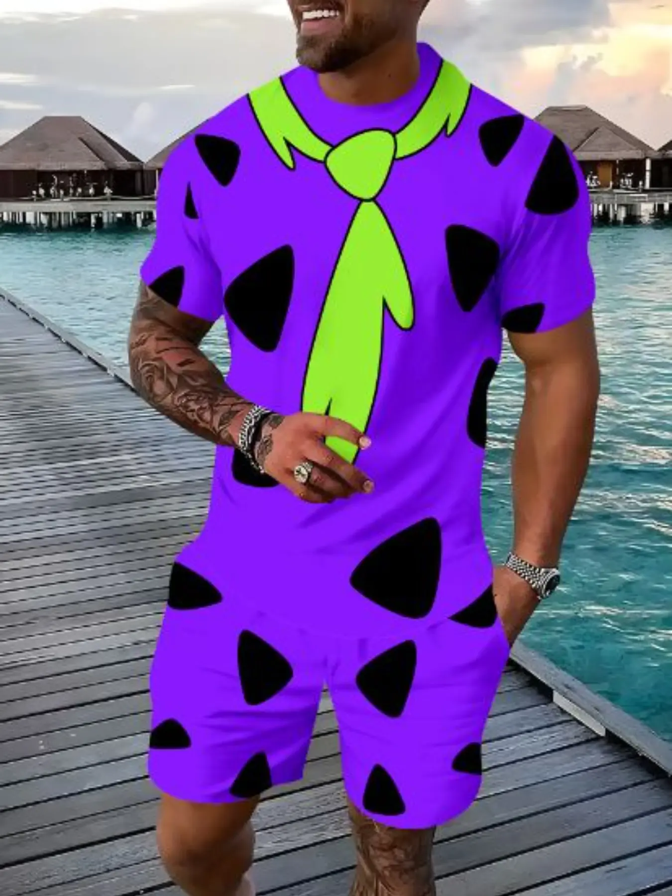 American Retro Cartoon Men's Set, Modern Caveman Fred Style, Bright Dot Full Print, Short Sleeve Shorts Two-Piece Set, Matching Sets, Menswear, Party Fun Casual Sports