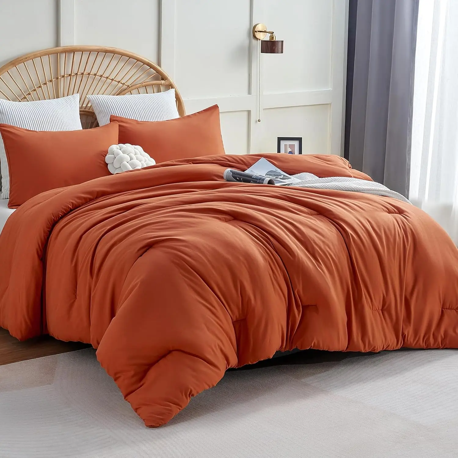 Full Size Comforter Set Terracotta, 3 Pieces Lightweight Burnt Orange Down Alternative Quilted Bedding Set, All Season Breathable Comforter with 2 Pillowcases, Soft Fall Bed Set for Home