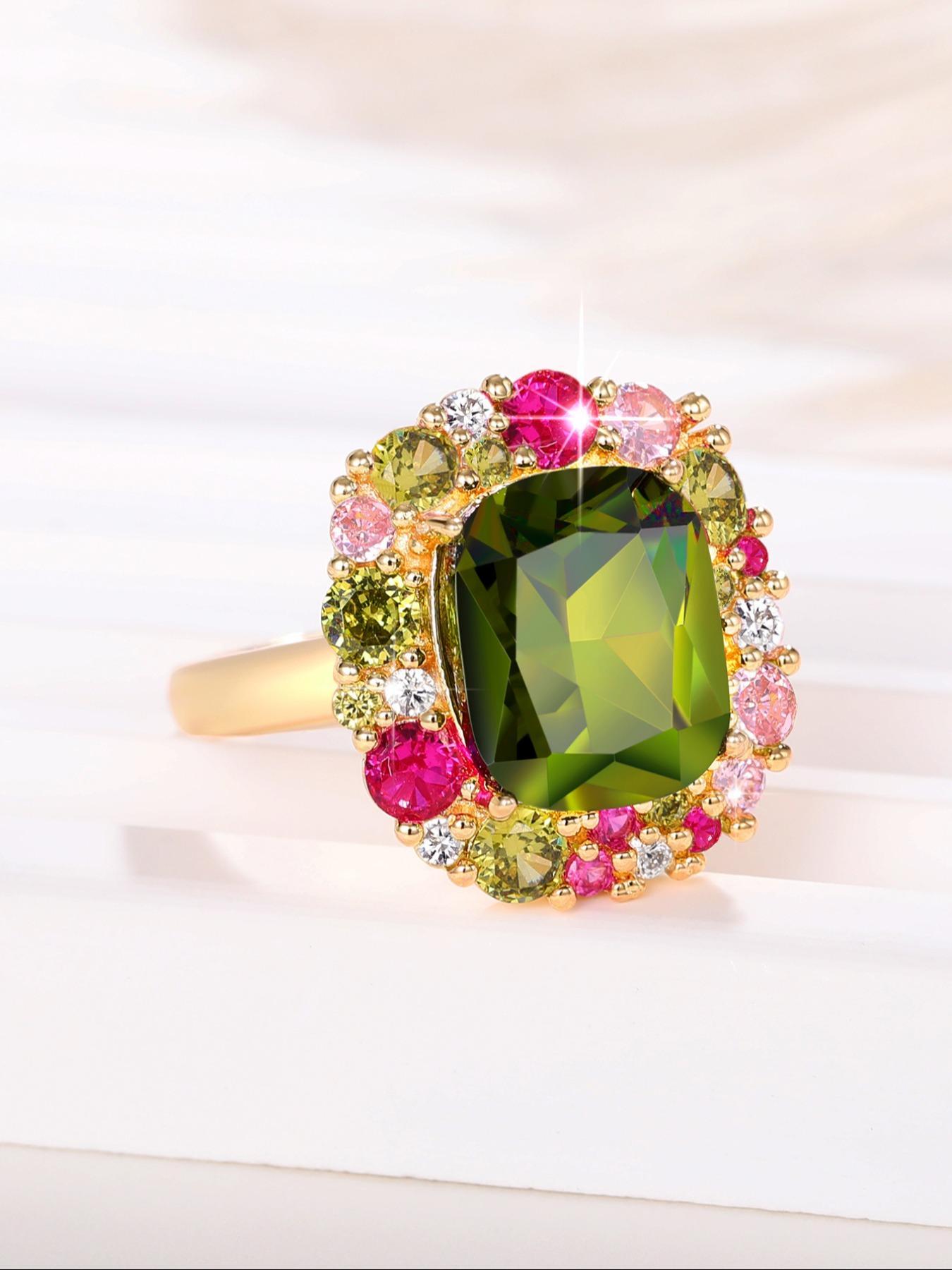 Artificial Zirconia Ring, Elegant Colorful Rhinestone Decorated Ring for Women for Party, Daily Clothing Decor, Trendy & Exquisite Wedding Party Jewelry Gift