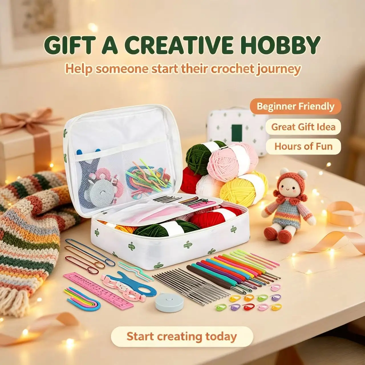 Classic Crochet Kit Complete Set, Beginner Crochet Yarn Material Pack, Portable Crochet Tool, Essential Knitting Supplies