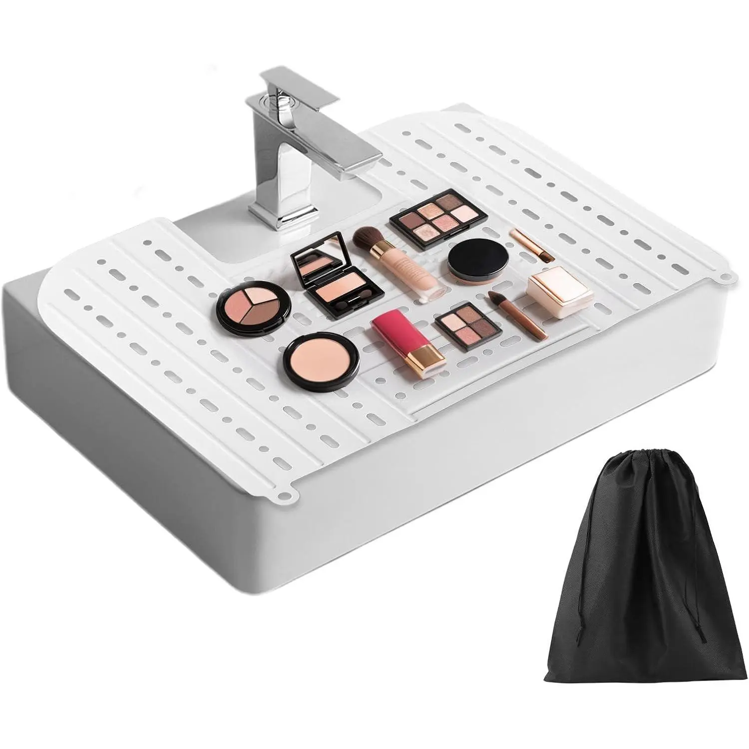 Bathroom Sink Cover & Storage Pouch,22" to 9.84" * 16.73" Foldable Sink-Cover for Counter Space, Makeup Brush Cleaning Mat,RV Camper Sinks Cover & for Small Spaces(White)