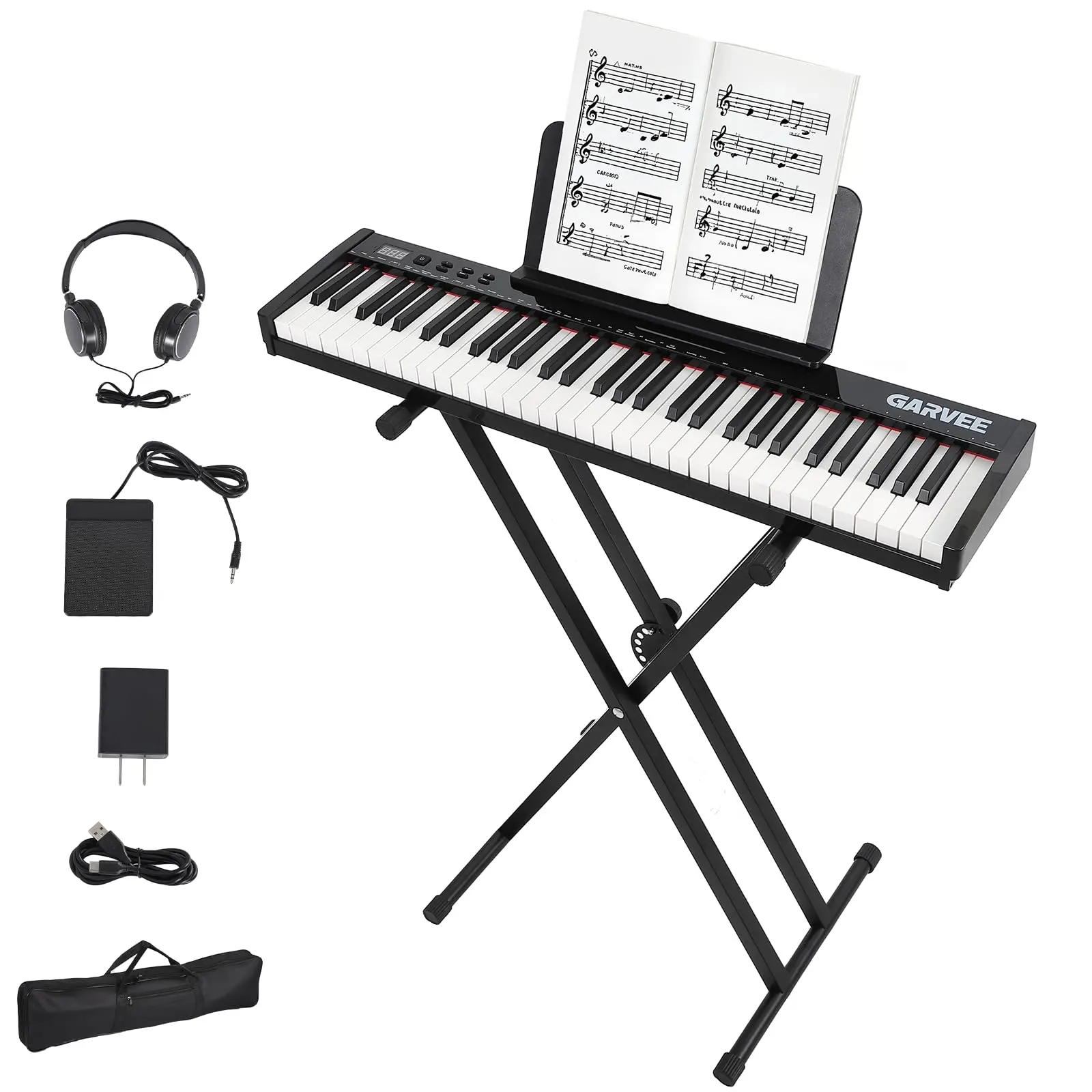 61-Key Portable Digital Piano Keyboard – Semi-Weighted Keys, 128 Tones & Rhythms, 80 Sample Songs, Stand, Headphones, Bag, Power Adapter – Ideal for Beginners & Professionals