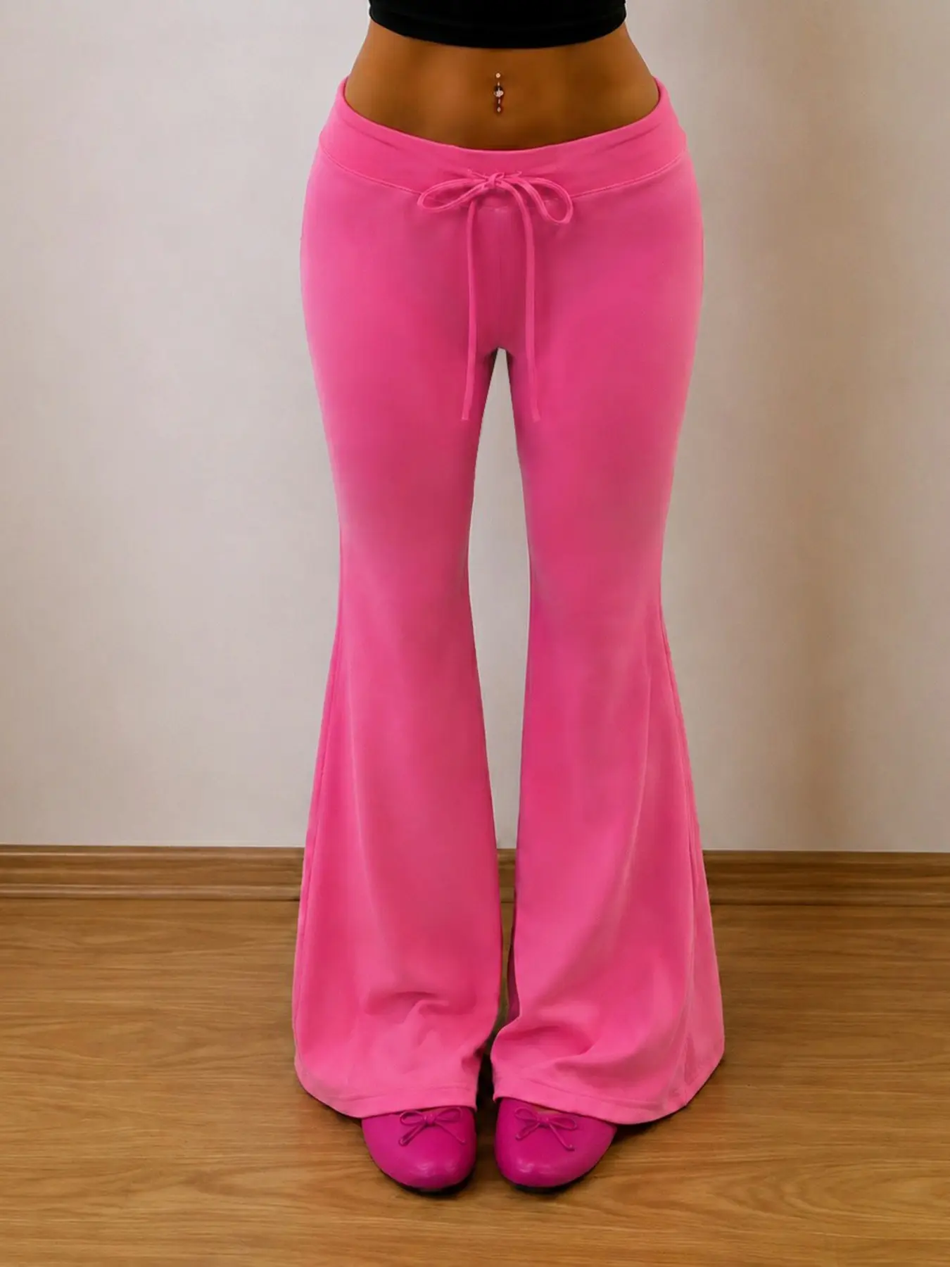 Women's Slim Fit Bell Bottom Knit Pants, Low Waist Split Design, Rose Sportswear, Comfortable and Versatile, Ideal for Daily Commute, Solid Color Bottoms