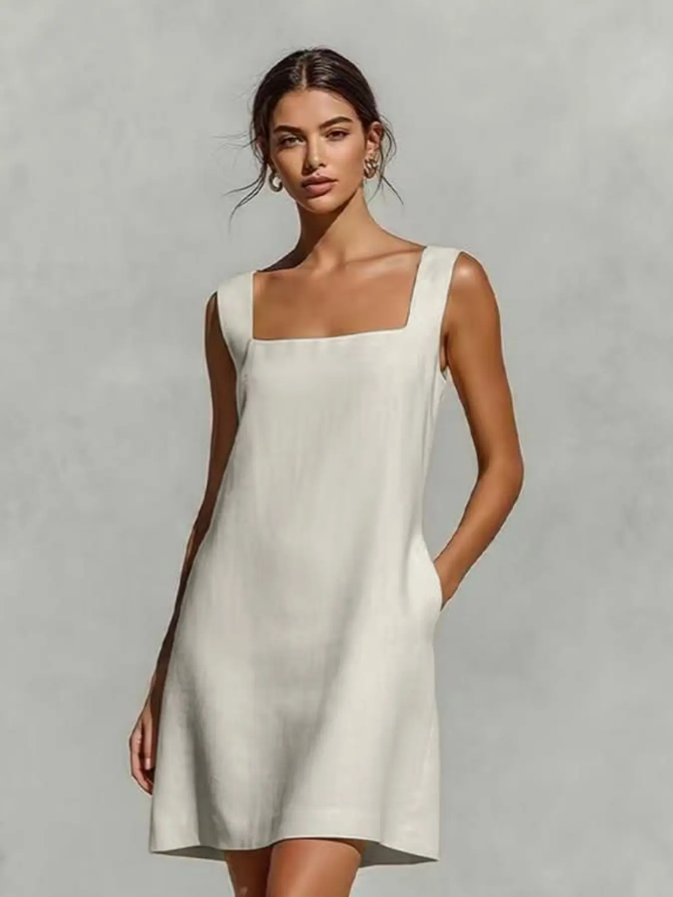 Women's Square Neck Sleeveless Linen Beach Wear Dress, Casual Loose Fit with Pockets, Summer Basic Tank Skirt, Comfortable and Stylish