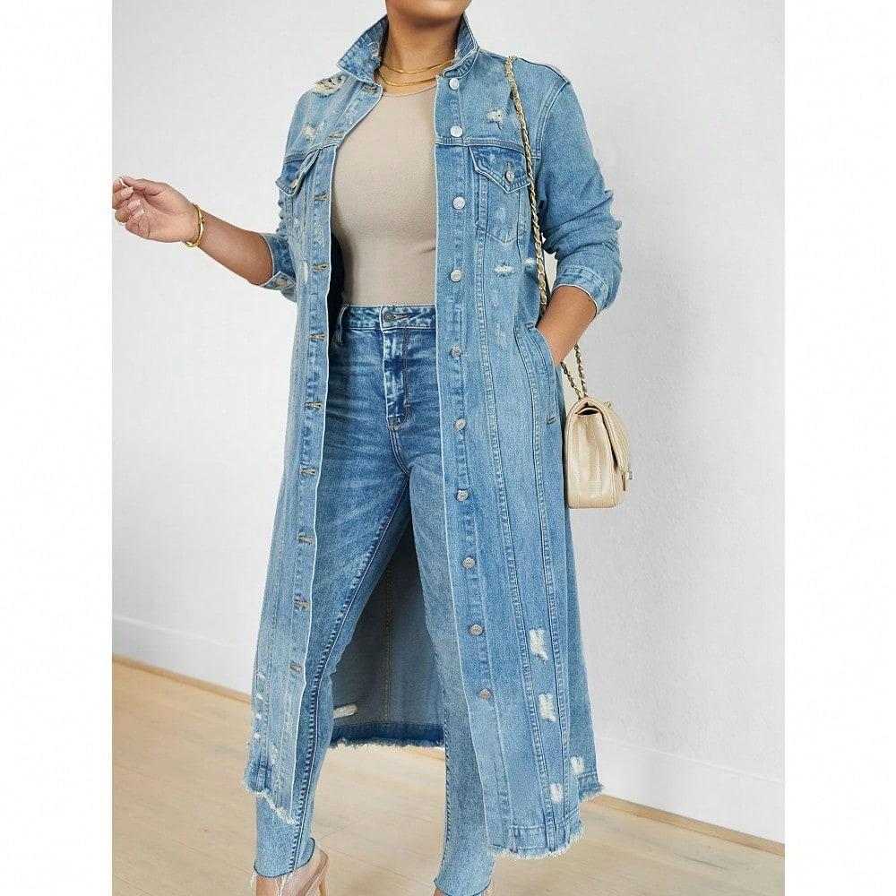 Womens Distressed Ripped Denim Trench Coat Casual Slim Button Down Washed Long Jean Jacket Long Sleeve Solid Color Coat SpringStatements
