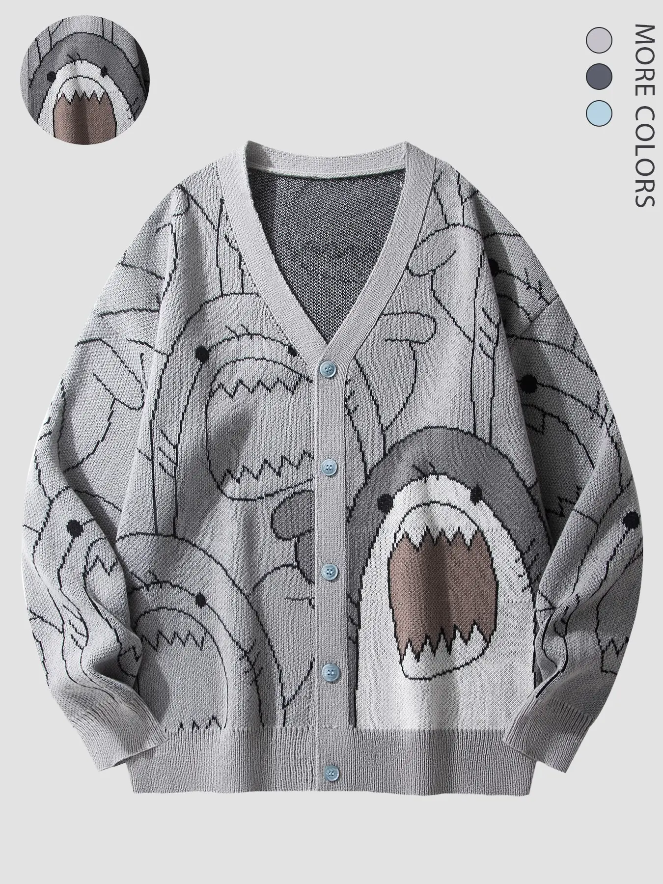 Autumn Winter Unisex V-Neck Knit Cardigan, Knitwear, Cartoon Shark Full Print Button-Up Sweater Coat, Soft Loose Casual Street Style, 3 Colors Available