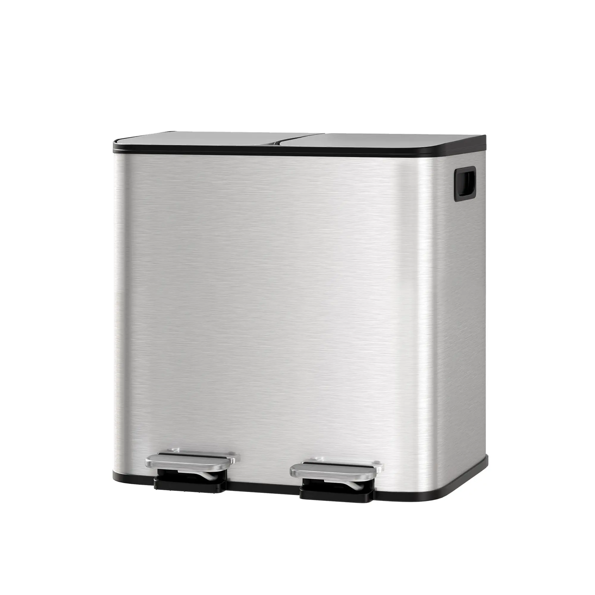 Dual Compartment Stainless Steel Kitchen Trash Can - 2 x 15L (4 Gal) Pedal Bin - Removable Buckets - Soft-Close Lids - Odor Control - Hands-Free Operation - Space-Saving Recycling Solution