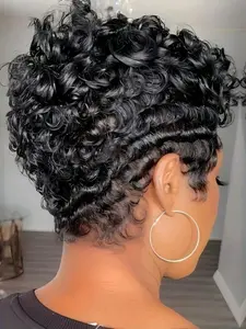 8 Inches Short Pixie Cut Wig with Bangs, Loose Curly Wave Human Hair Wig, Full Machine Made for Women, Stylish and Comfortable