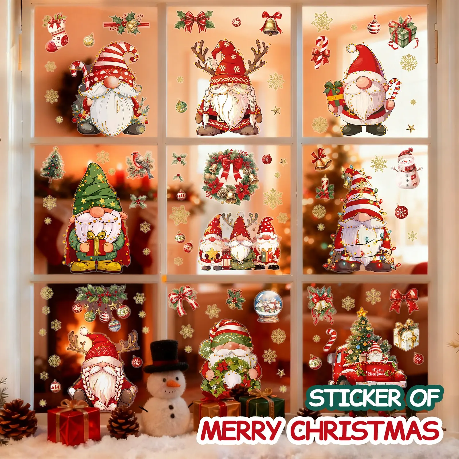 Christmas Static Cling Stickers Set, 9 Sheets 11.81x7.87 Inch, Pre-Cut Removable Holiday Window Decorations, No Residue
