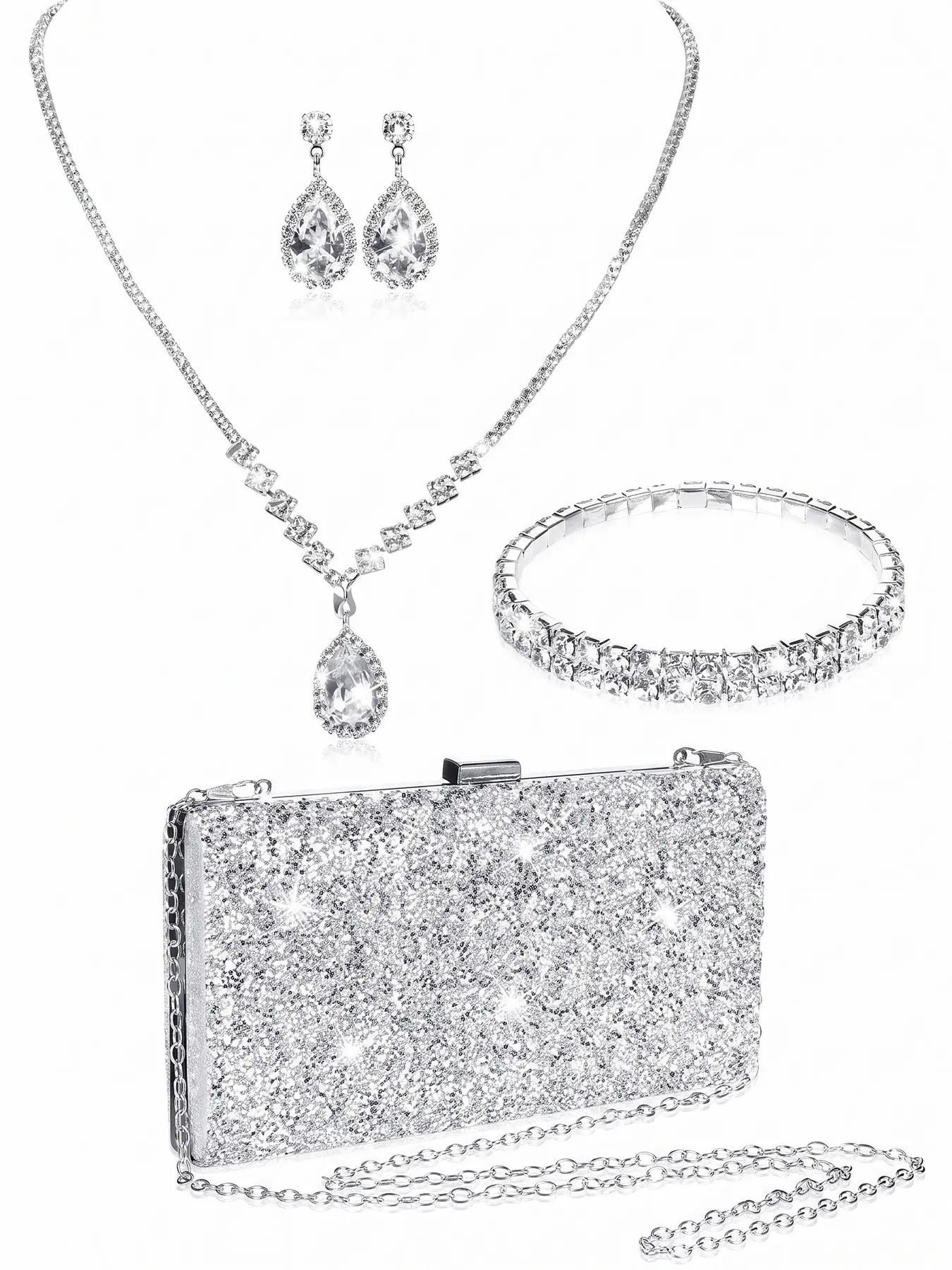 4Pcs Silver Glitter Box Clutch Bag Jewelry Set for Women, Teardrop Crystal V Tennis Necklace Halo Pear Drop Earrings Stretch Bracelet Pack, Prom Wedding Guest Evening Purse Formal Party Accessories