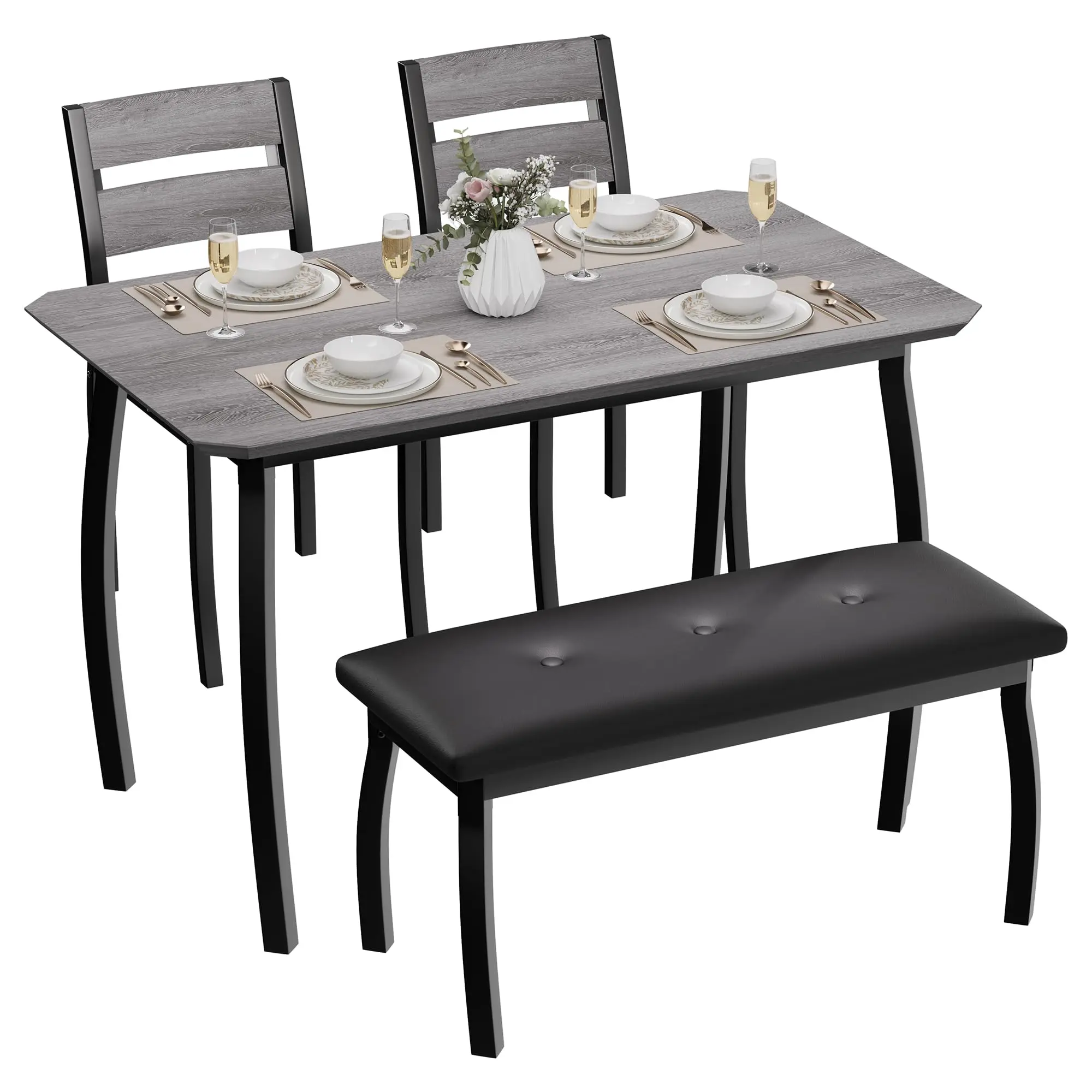 GARVEE Durable Wooden Dining Table Set for 4 with Chamfered Design and Metal Legs, Upholstered Bench and 2 Classic Dining Chairs, Ideal for Kitchen and Home Dining