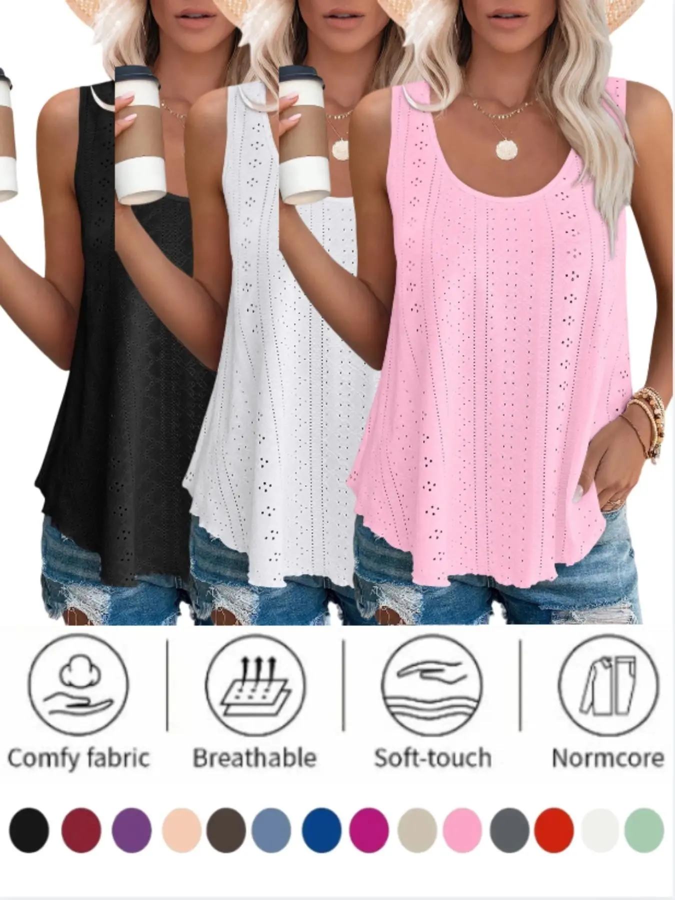 2026 Women's Tank Tops, Sleeveless Eyelet Embroidery, Scoop Neck, Loose Fit, Casual Fall Fashion, Flowy Design, Comfortable Wear, Casual Summer Sleeveless