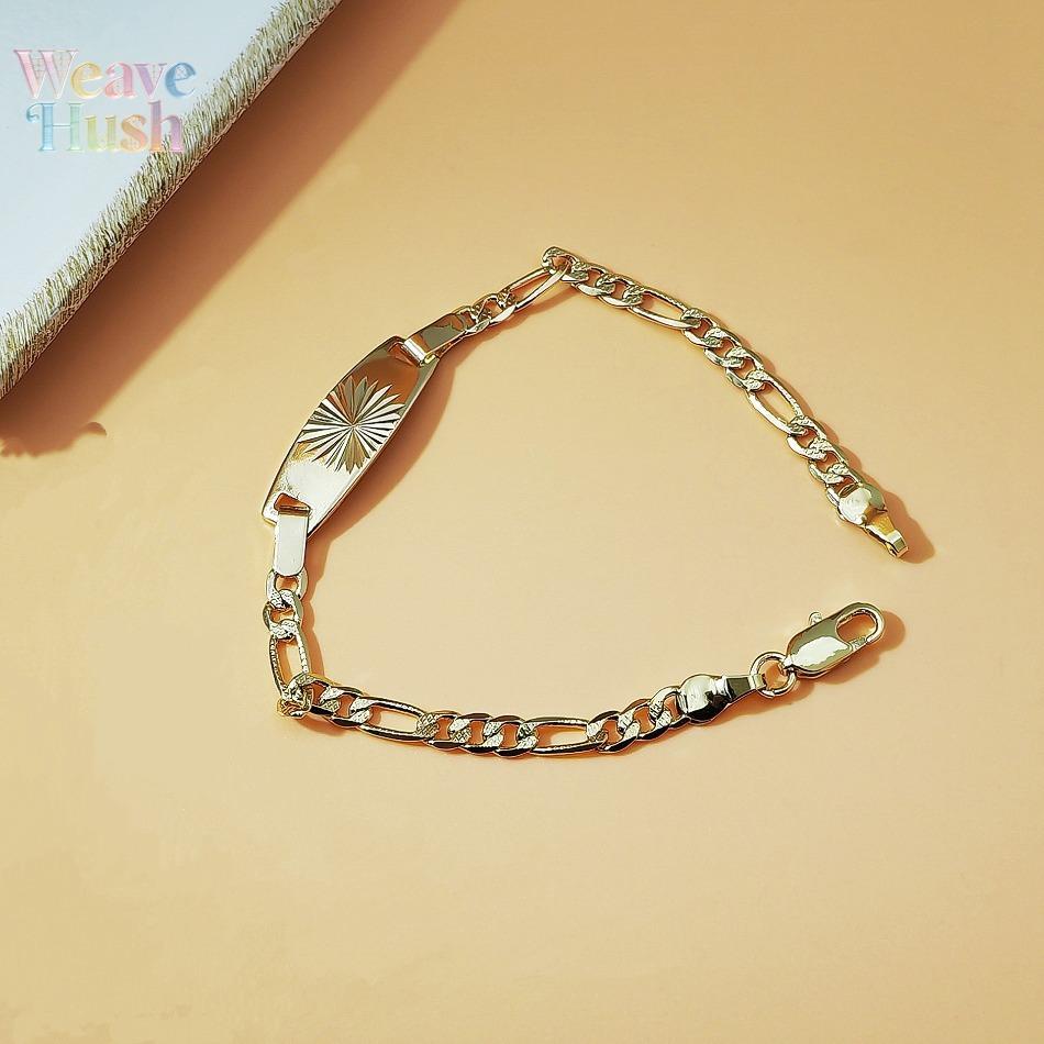 18K Gold Plated Figaro Chain Bracelet, Vintage Engraved ID Tag Cuban Link Chain, Trendy Y2K Minimalist Unisex Jewelry, Hip Hop Streetwear Fashion Bracelet for Men & Women, Durable Waterproof Daily Wear Accessory for Parties, Dating & Casual Outfits