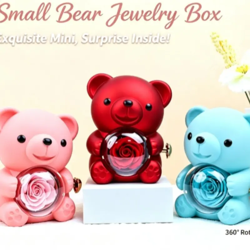 Valentine's Day Gift Box, Cute Bear Rose Preserved Flower, Rotatable Ring Ornament, Elegant and Adorable Present, Classy Gift Box, Perfect for Special Occasions