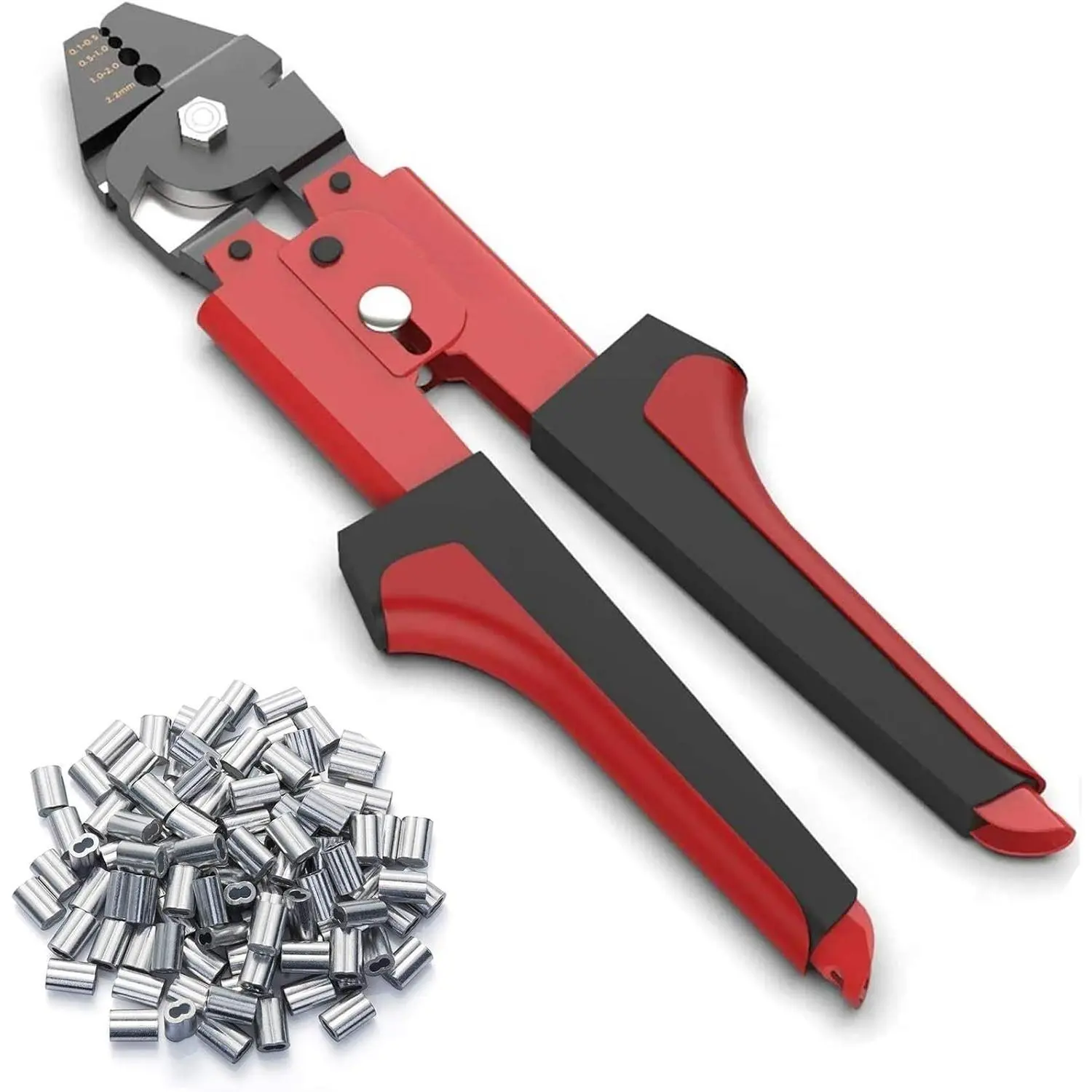 Wire Rope Crimping Tool, Up To 2.2mm Swager  Fishing Wire Crimping Tool with 100 count  Double Barrel Ferrule Crimping Loop Sleeves Kit with  Function for