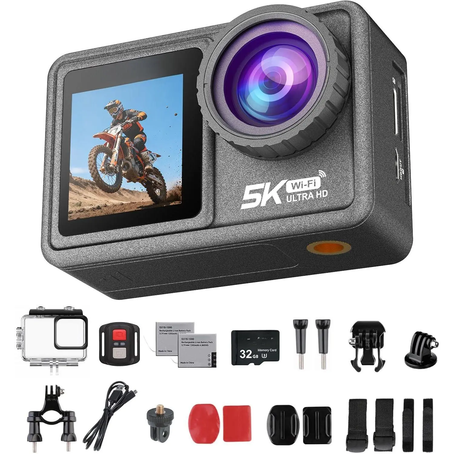 5K/30fps Action Camera,Vlogging Camera with a 1/2.3″ Sensor,30M  Underwater Camera,170° Wide FOV Video,Stunning Low-Light Imaging EIS Remote Control(2*,32GB)