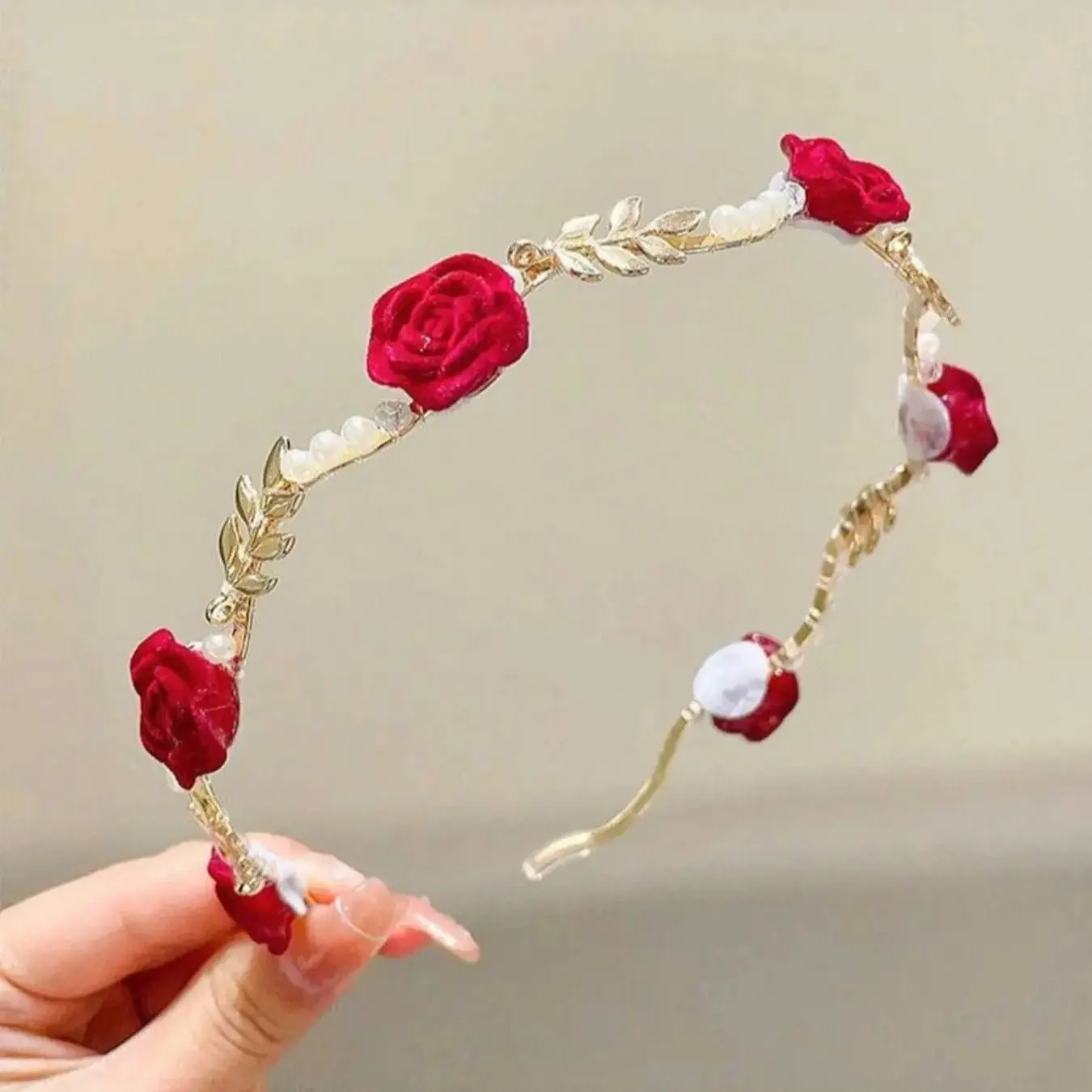 Women's Headband - Elegant Colorblock PU Leather, Rhinestone Red Rose & Faux Pearl Accents, Durable Skin-Friendly Material, Female Red Rose Pearl Headband for Women, Headbands For Women, Synthetic
