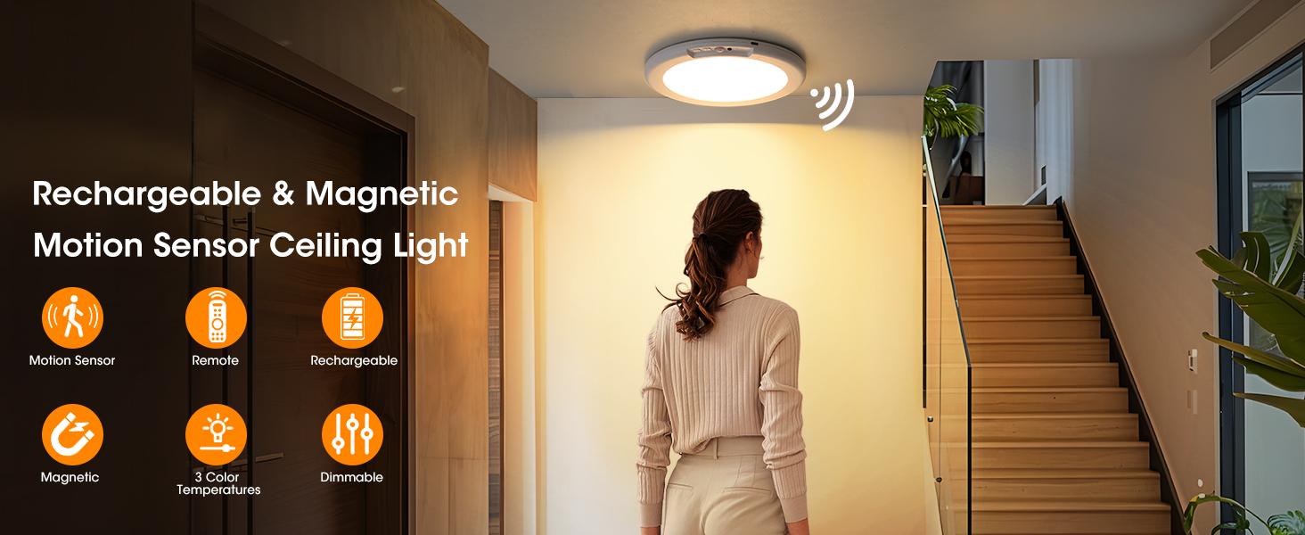 Rechargeable Motion Sensor Ceiling Light with Remote, Battery Operated Wireless LED Overhead Light, Dimmable 3 Color Temperatures, No Wiring Renter Friendly Indoor Lighting for Closet, Shower, Pantry, Hallway