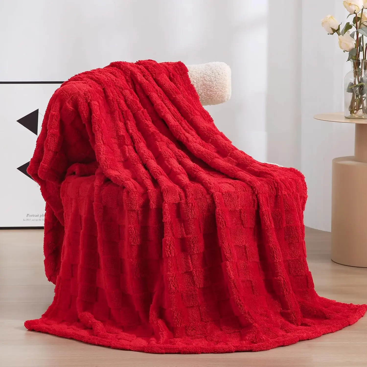 Red Fleece Throw Blanket 50"*60"Checkered for Couch Sofa| Soft Cozy Plush Microfiber 3D Square Pattern Flannel Blanket for bed Lightweight for Adults,