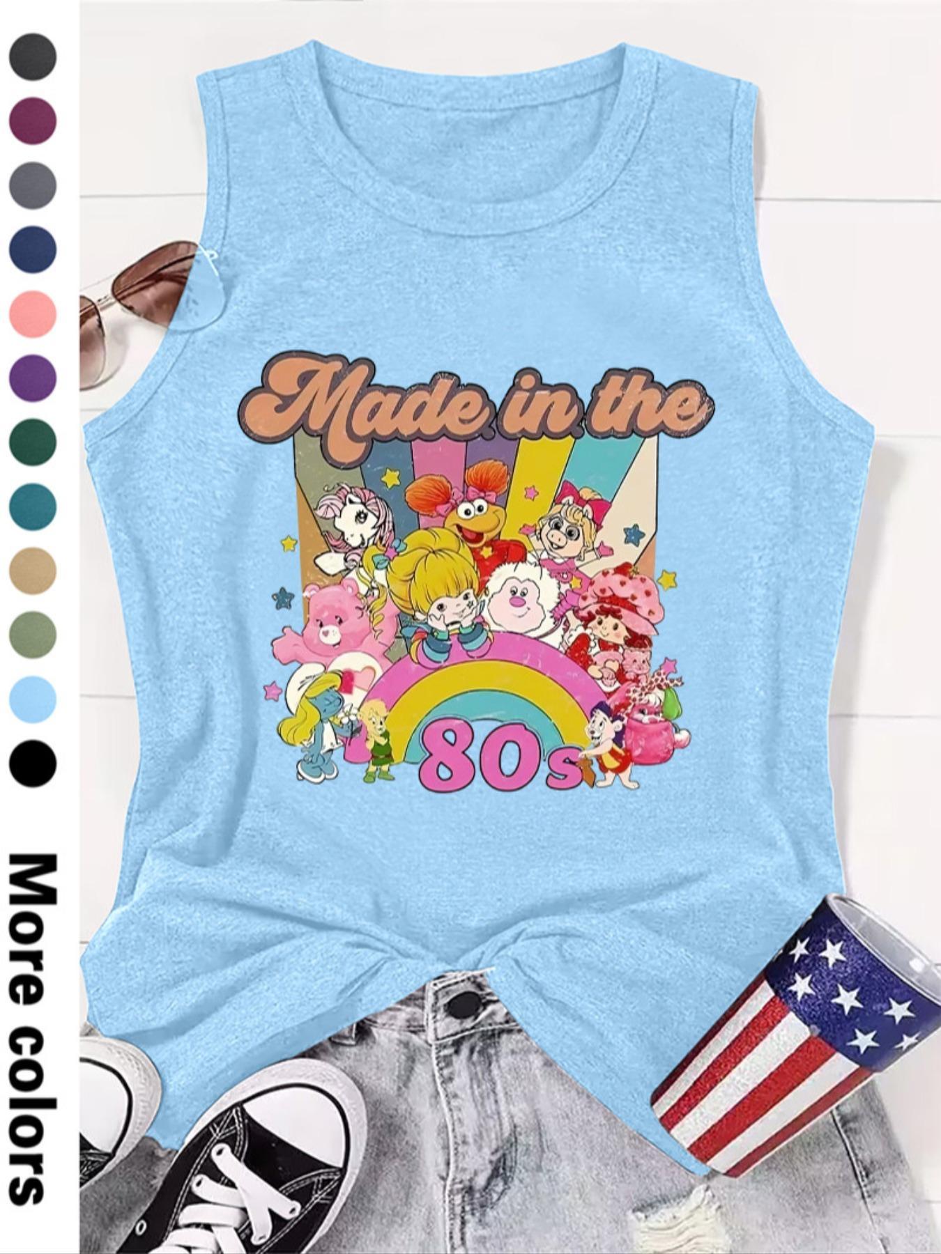 Fashionable Women's Cartoon Letter Print Round Neck Sleeveless Vest, Comfortable Knit Fabric, Summer Fitted Style, Available in 12 Colors