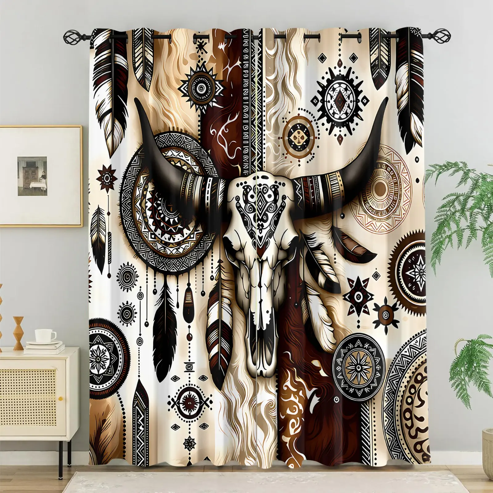 2 Panels Western Boho Tribal Print Curtains, Bull Skull Pattern Darkening Curtains, Thermal Insulated Decoration Curtains, Rustic Window Drapes for Adults Bedroom Living Room Farmhouse Home Decor