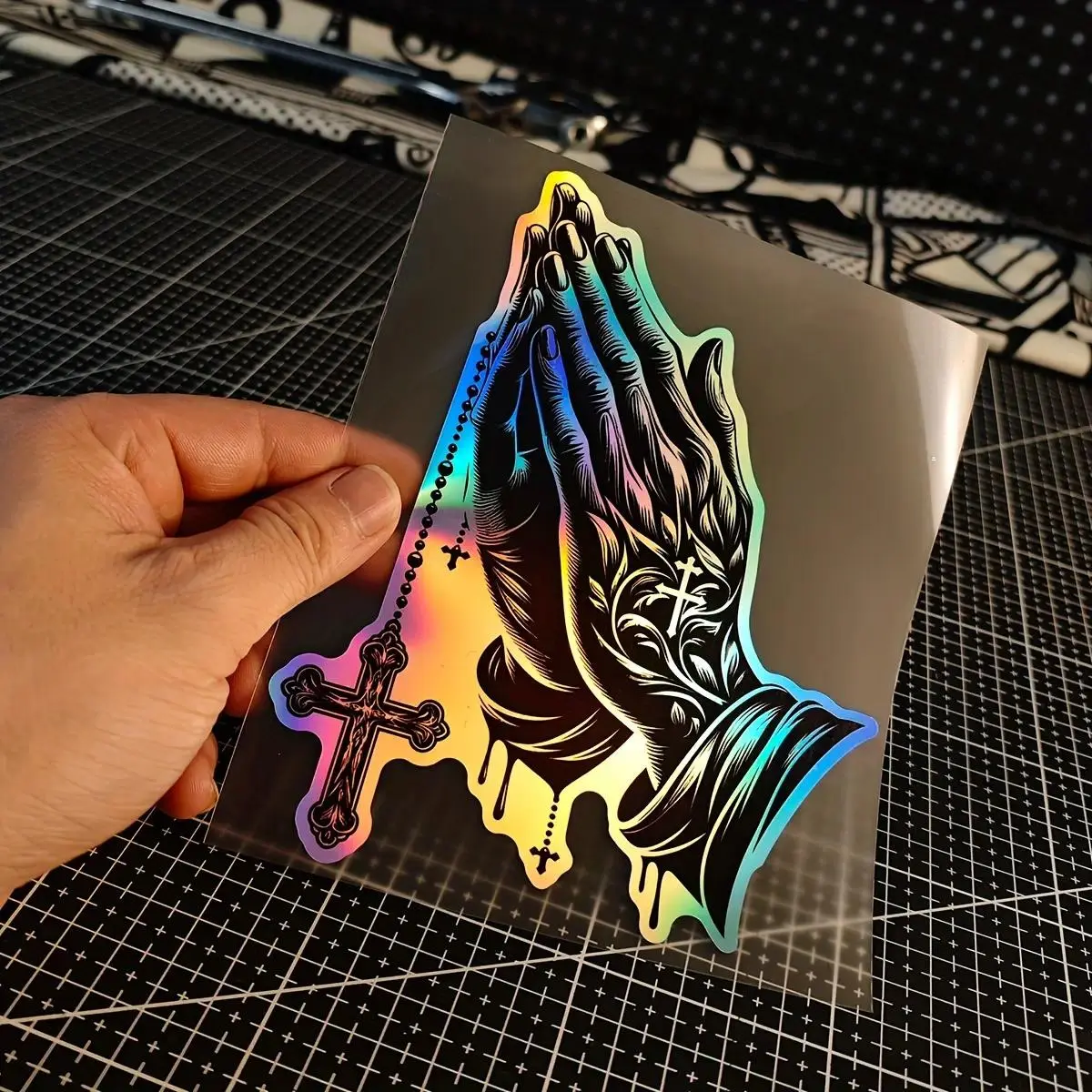 Holographic Prayer Hands Vinyl Car Decal, Reflective Christian Religion Sticker for Auto Windows & Laptops, Water Resistant 1/2/4 Pack, Car Decals, Automotive Decals