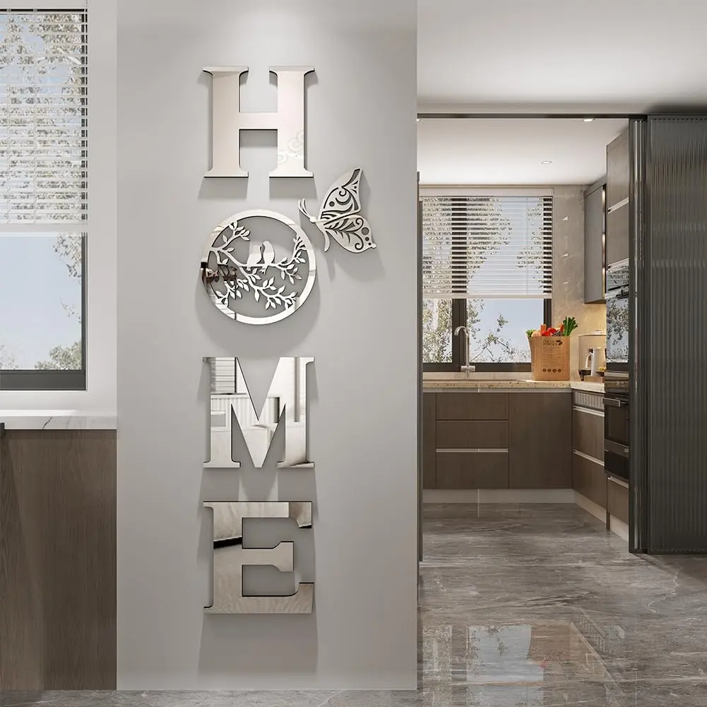 Signs Wall Decor Letter Signs Length Mirror Wall Stickers Decorations for Living Room Bedroom  The  Modern Decorations Bird Wall Art LargeSilver ,49.2 X 15.7 Inch