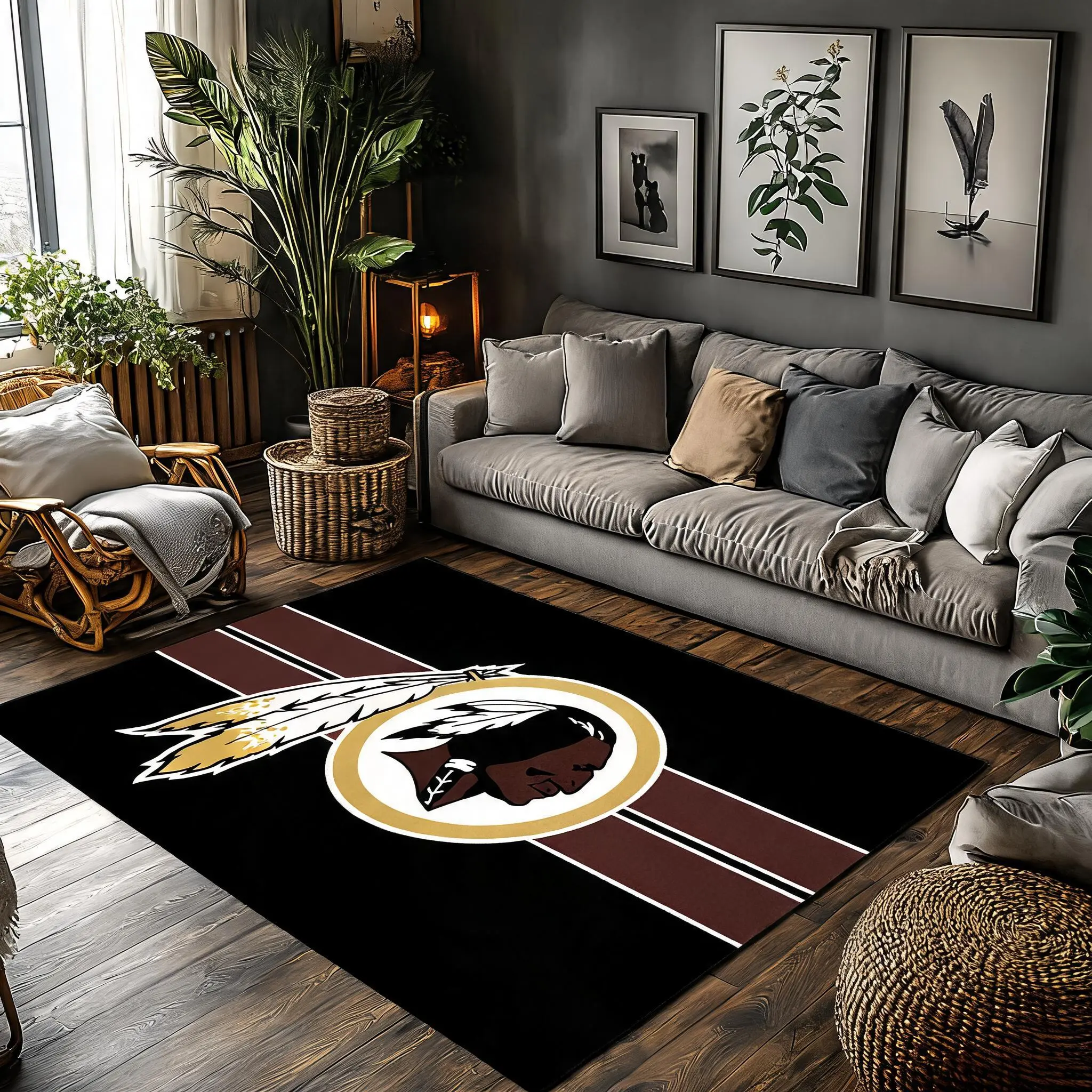Washington Vintage Head Logo Burgundy Double Stripe Crystal Velvet Non-Slip Sports Fan Area Rug #WashingtonVintageLogoRug #BurgundyStripeSportCarpet #NFLTeamHomeDecor #CrystalVelvetFloorMat