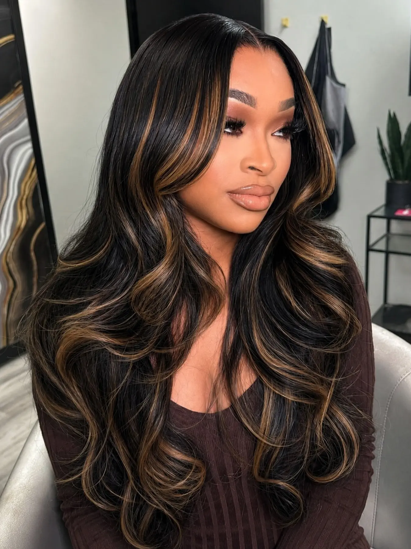 26 Inch Black and Brown Highlights Body Wave Lace Front Wig |Heat Resistant Synthetic Fiber Natural Parting Perfect for Daily Wear & Parties Lace Wigs
