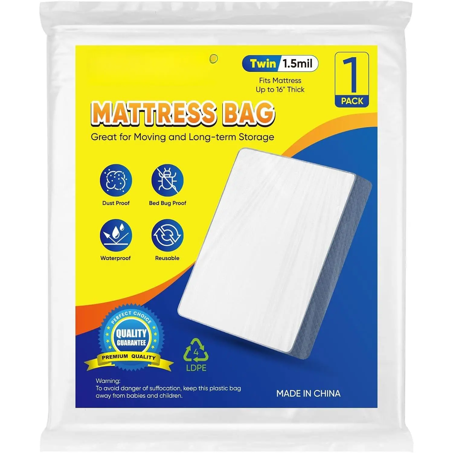 1PK Plastic Mattress Bag for Moving Storage,  Mattress Protector Cover, Heavy-Duty Mattress Moving Supplies (1.5 mil, )