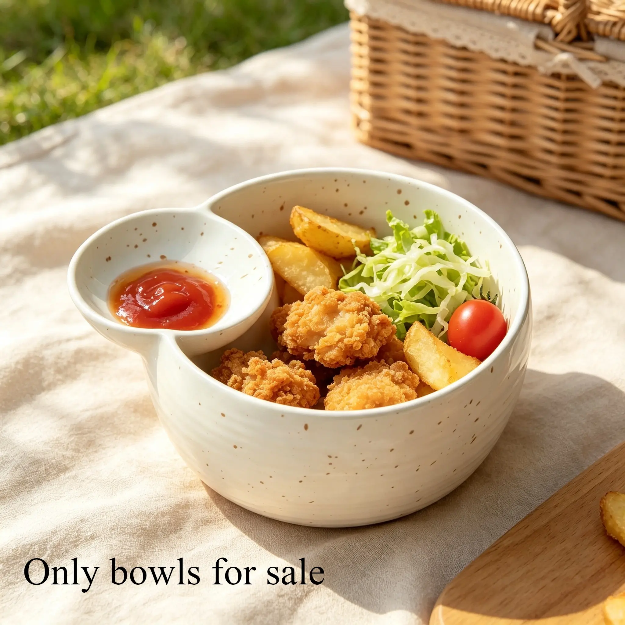 Speckled Glaze Ceramic Bowl With Integrated Dipping Sauce Dish, One‑piece Divided Noodle Bowl, Practical Tableware for Noodles, Salads, Fried Snacks, Suitable for Ketchup, Vinegar and Various Condiments for Home Kitchen Use