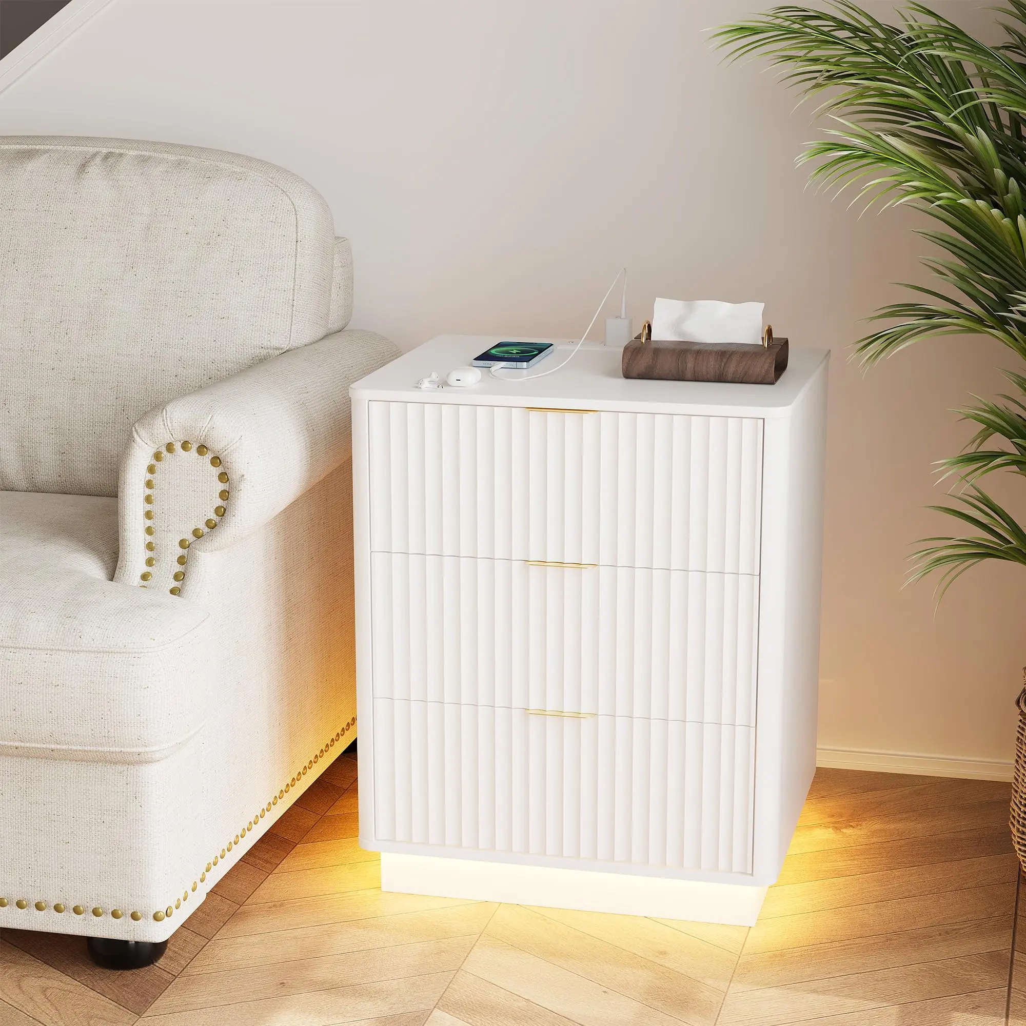 Fluted Nightstand with Charging Station & LED Lights - 3 Drawer Wooden Bedside Table, Modern End Table for Bedroom, 20"W x 16"D x 24"H