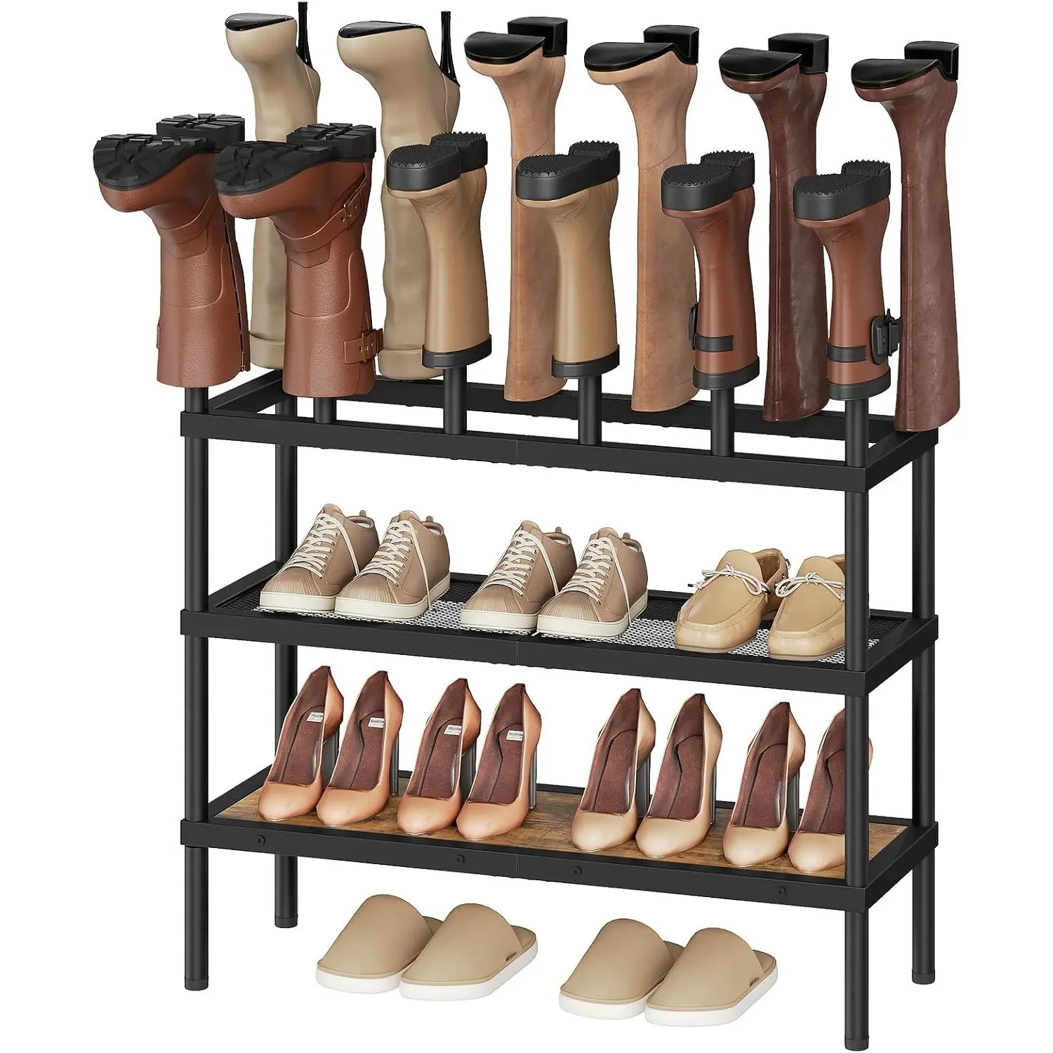 Shoe and Boot Rack Organizer, Tall Boots Rack for Closet, Cowboy Shoes Storage, 4 Tier Shoe Racks Organizer Holds 14 Pairs, Black and Rustic Brown SS29BR