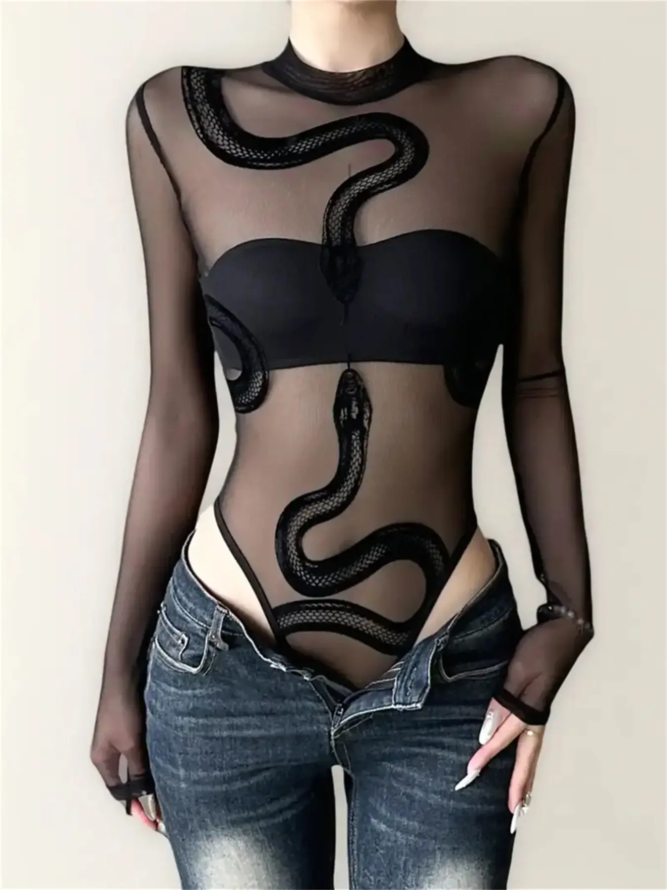 Elegant Sheer Velvet Snake Print Mesh Bodysuit, Sexy Slim-Fitting Womenswear for Summer, Bold Fashion Statement Clothing Piece Garment
