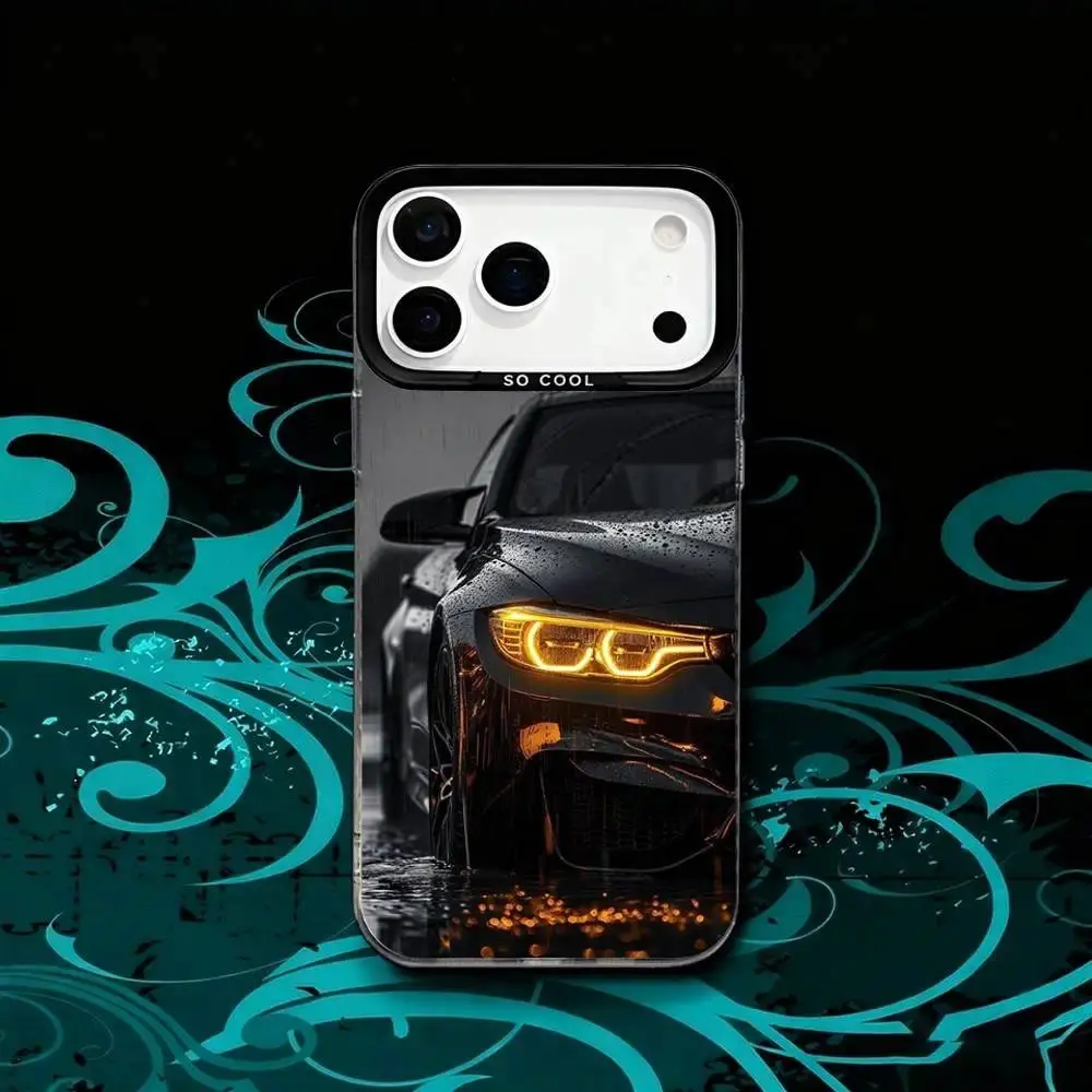 B-BMW Sport Car Design Anti-Slip Black IMD Matte Case with Colorful Animal Print for iPhone 17,16,15,14,13,12,X,8,Pro,Max,Plus,SE4,Air,Mini