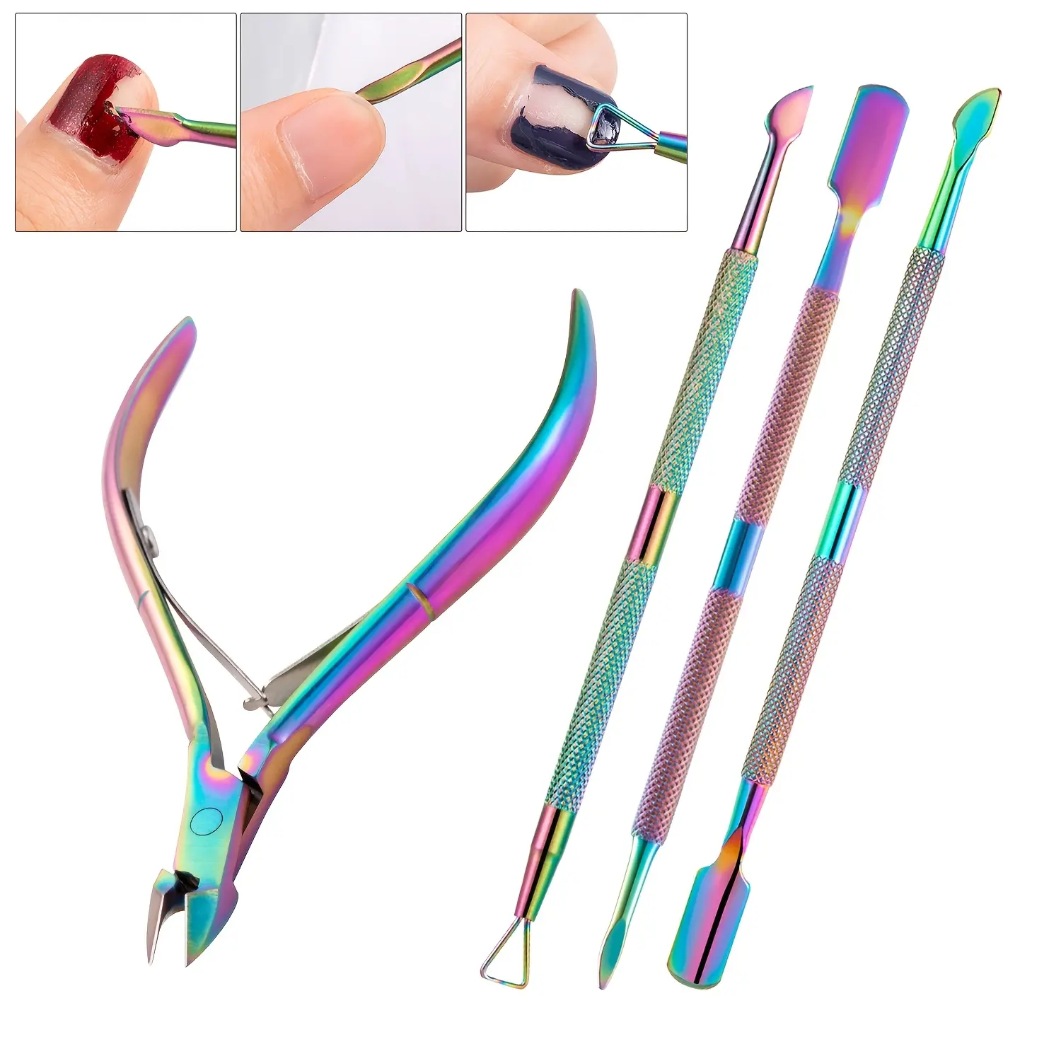 4Pcs Stainless Steel Professional Manicure Kit Double Spring Cuticle Nipper 3 Styles Anti-Slip Cuticle Pushers Salon At Home Manicure Dead Skin Hangnail Removal Complete Nail Care Cuticle Remover Tools