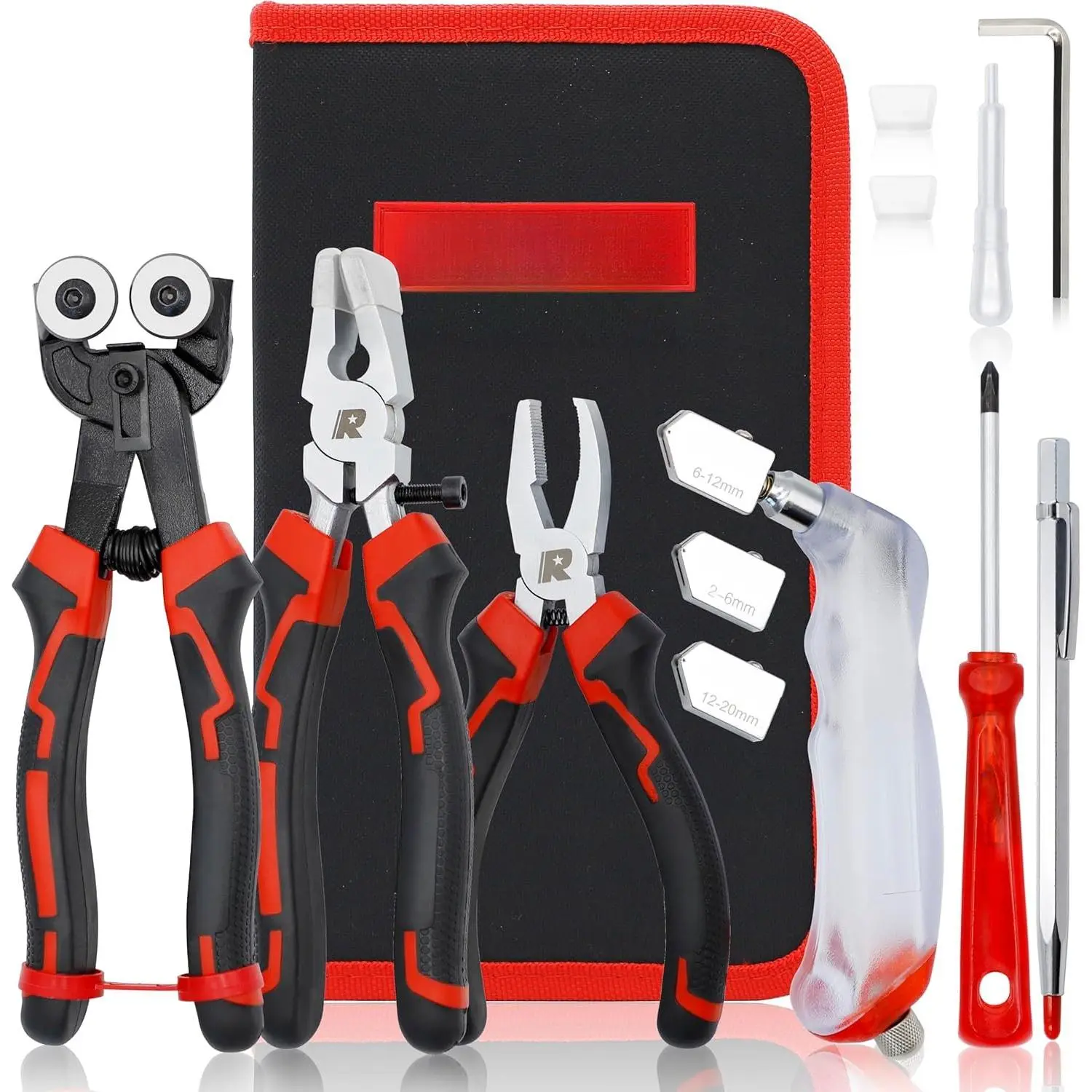 Glass  Tool, Glass  2-20MM, 8" Tile Nippers, 8" Glass Running Pliers with Curved , 6" Breaker Grozer Pliers, Glass  Kit for Stained Glass, Tiles, Mosaic